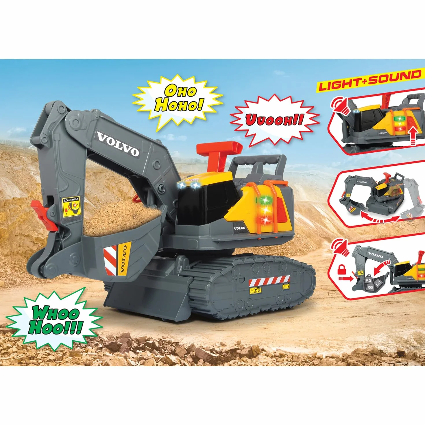 Dickie Toys 203725006 VOLVO Oficjalna licencjonowana Zabawkowa Koparka z wykrywaniem ciężaru, wykrywa 3 różne poziomy ciężaru, światło i dźwięk, 30 cm, do zabawy w piaskownicy dla dzieci od 3 lat