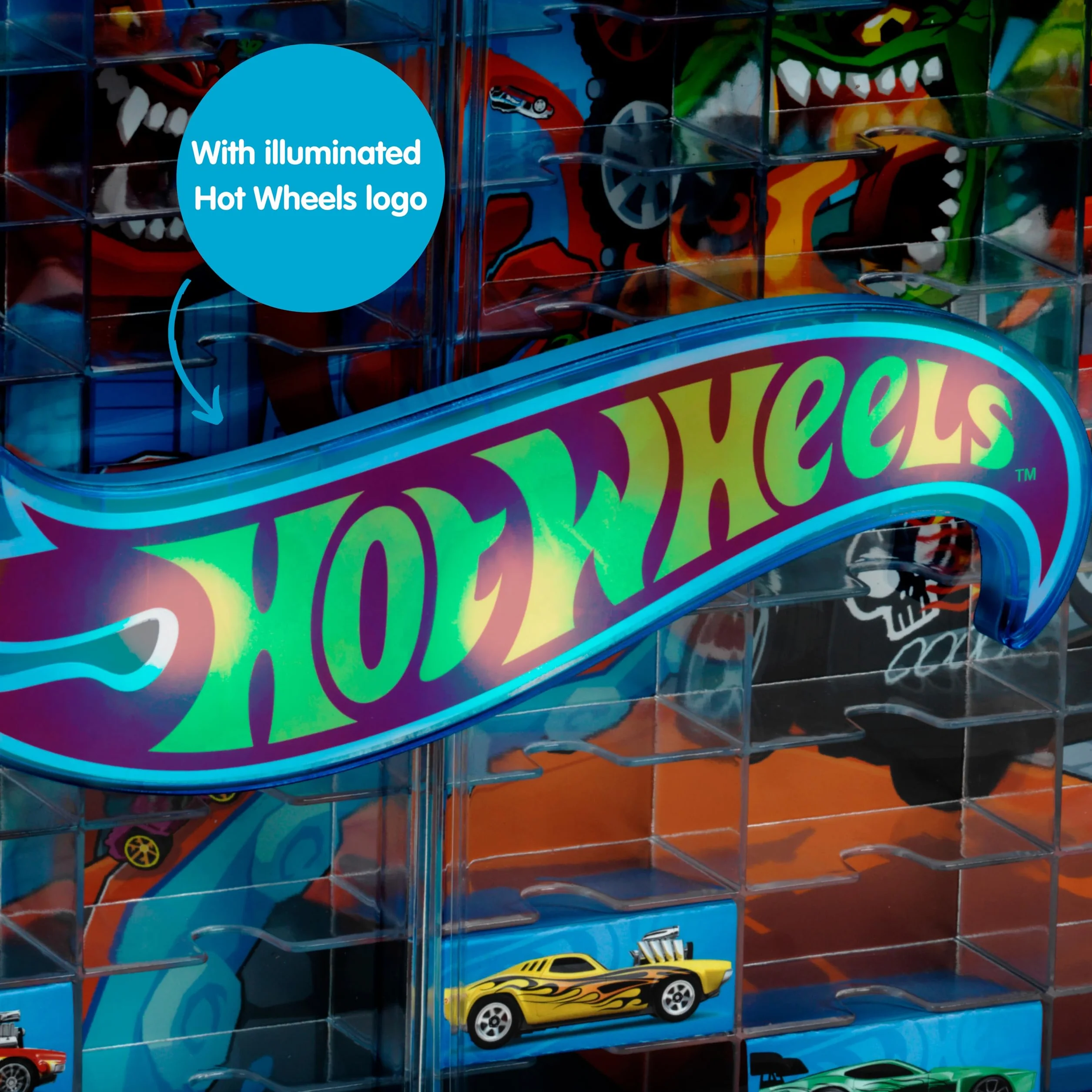 Theo Klein 2408 Hot Wheels witryna do walizki kolekcjonerskiej, miejsce na 54 samochody, świecące logo Hot Wheels, z praktycznym uchwytem do noszenia, zabawka dla dzieci od 3 lat