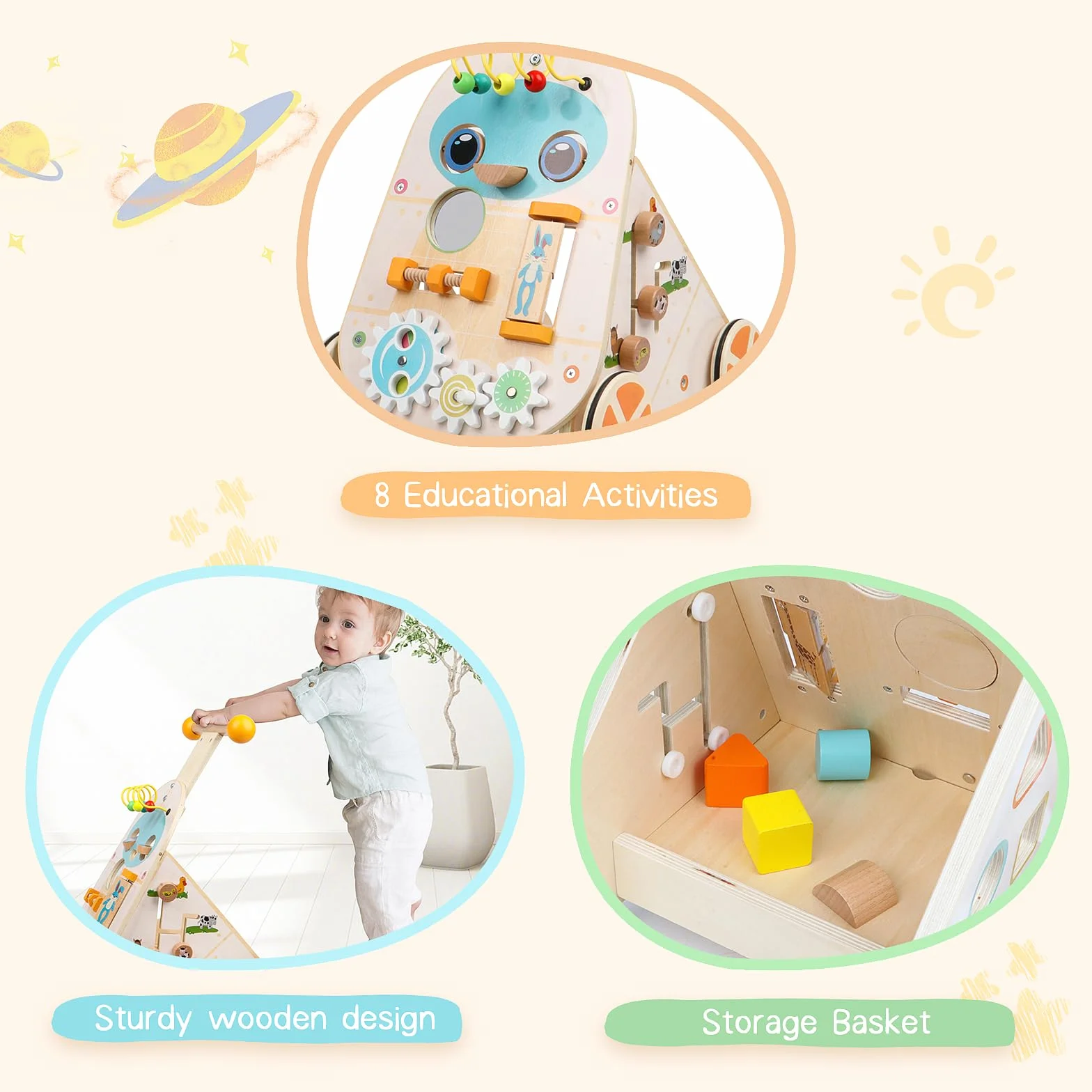 Jacootoys Drewniany chodzik z regulowaną prędkością dla maluchów, drewniany chodzik do nauki chodzenia i pchania dla chłopców, dziewczynek i dzieci w wieku 1, 2 i 3 lat