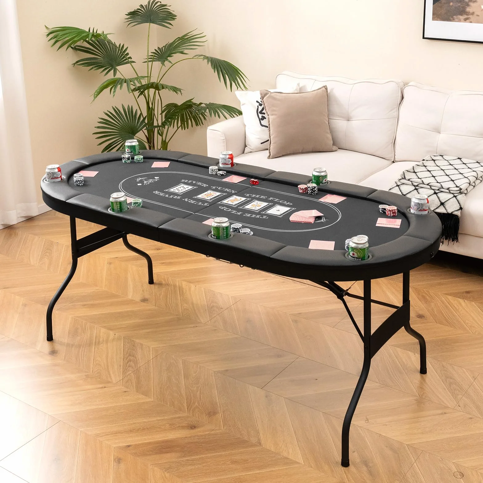 COSTWAY Składany stół do pokera dla 8 graczy z uchwytami na napoje i wyściełaną podpórką na ramię, idealny do blackjacka, Texas Hold'em (czarny)