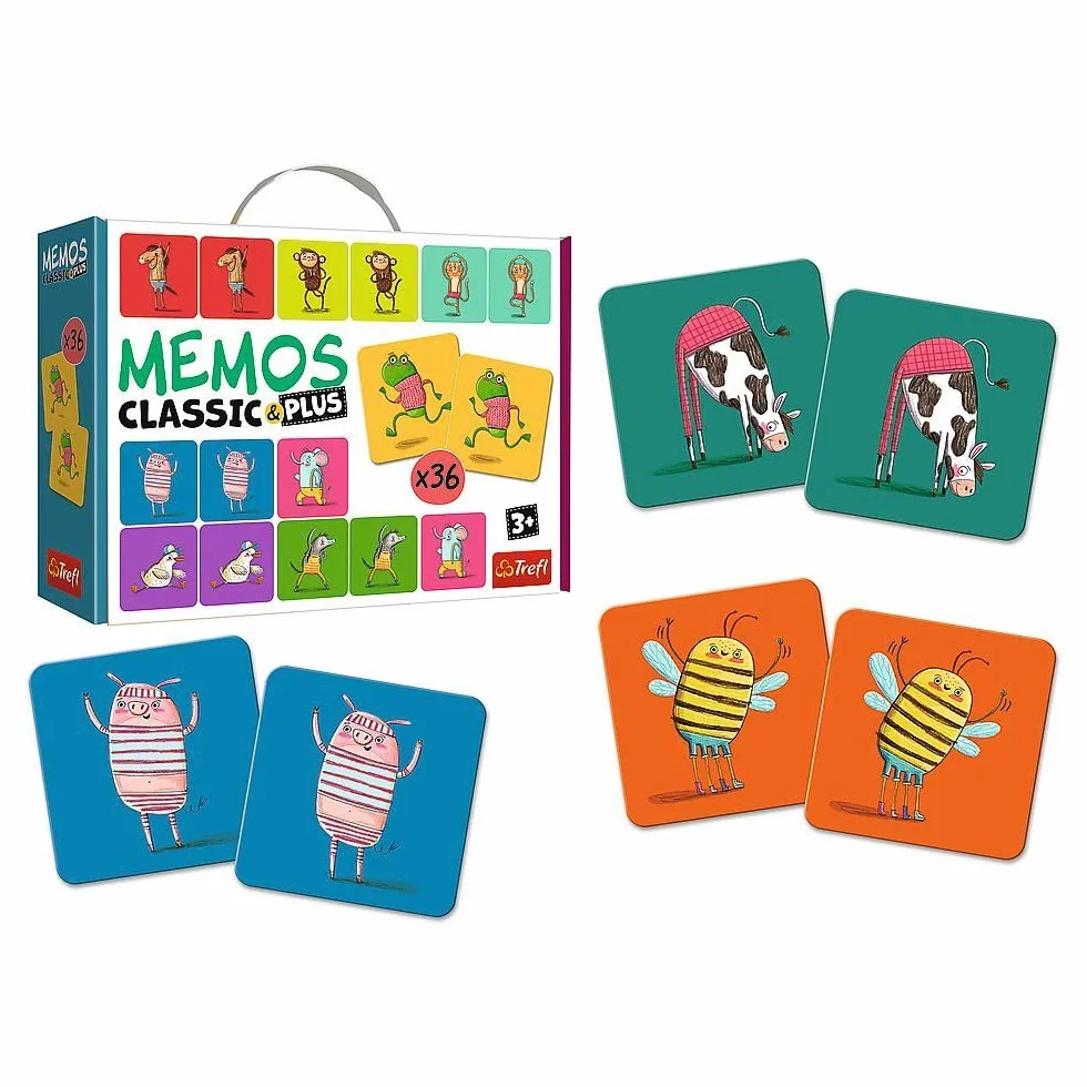 Trefl - Memos Classic & Plus, Ruch i dźwięk - Edukacyjna Gra Pamięciowa dla Maluchów, Odnajdywanie Par Obrazków, Naśladowanie Dźwięków i Ruchów, Różne Warianty Zabawy, Gra Memory dla Dzieci od 3 lat