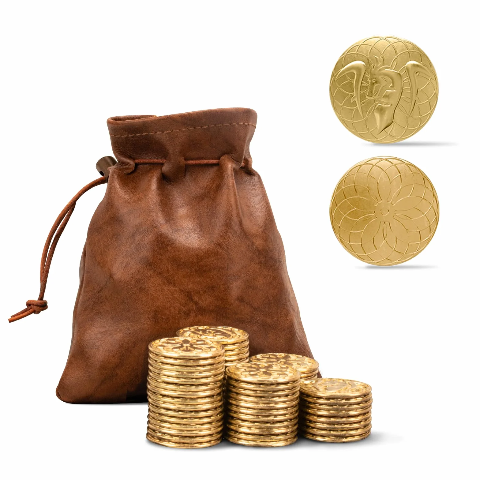 50 sztuk złotych monet i torba ze skóry PU, metalowe monety DND, moneta fantasy do gier planszowych, fałszywe monety do lochów i smoków, gry RPG Średniowieczne akcesoria retro