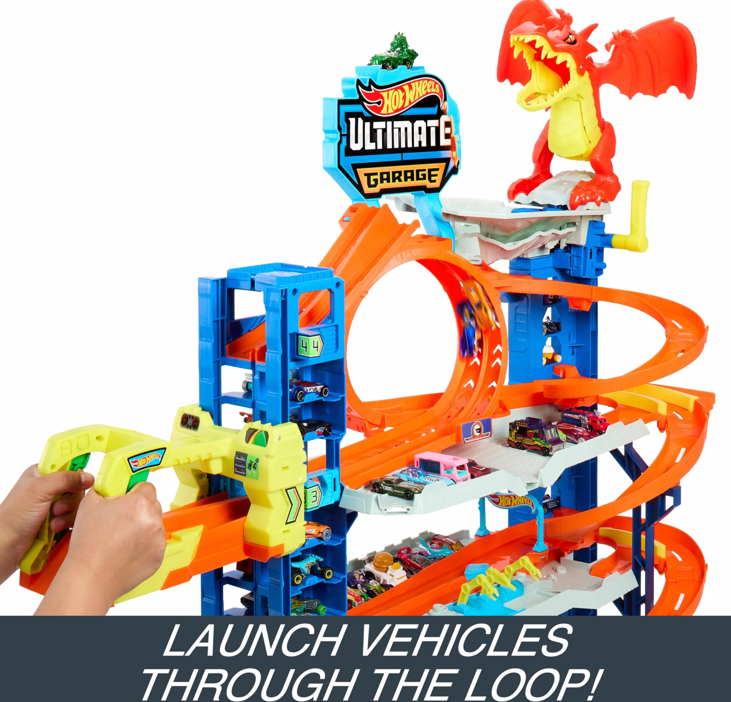 Hot Wheels City Mega Let's Race – Na start! - Netflix - Garaż Atak smoka Zestaw z 2 metalowymi samochodzikami, miejscem do przechowywania ponad 50 pojazdów w skali 1:64, HKX48