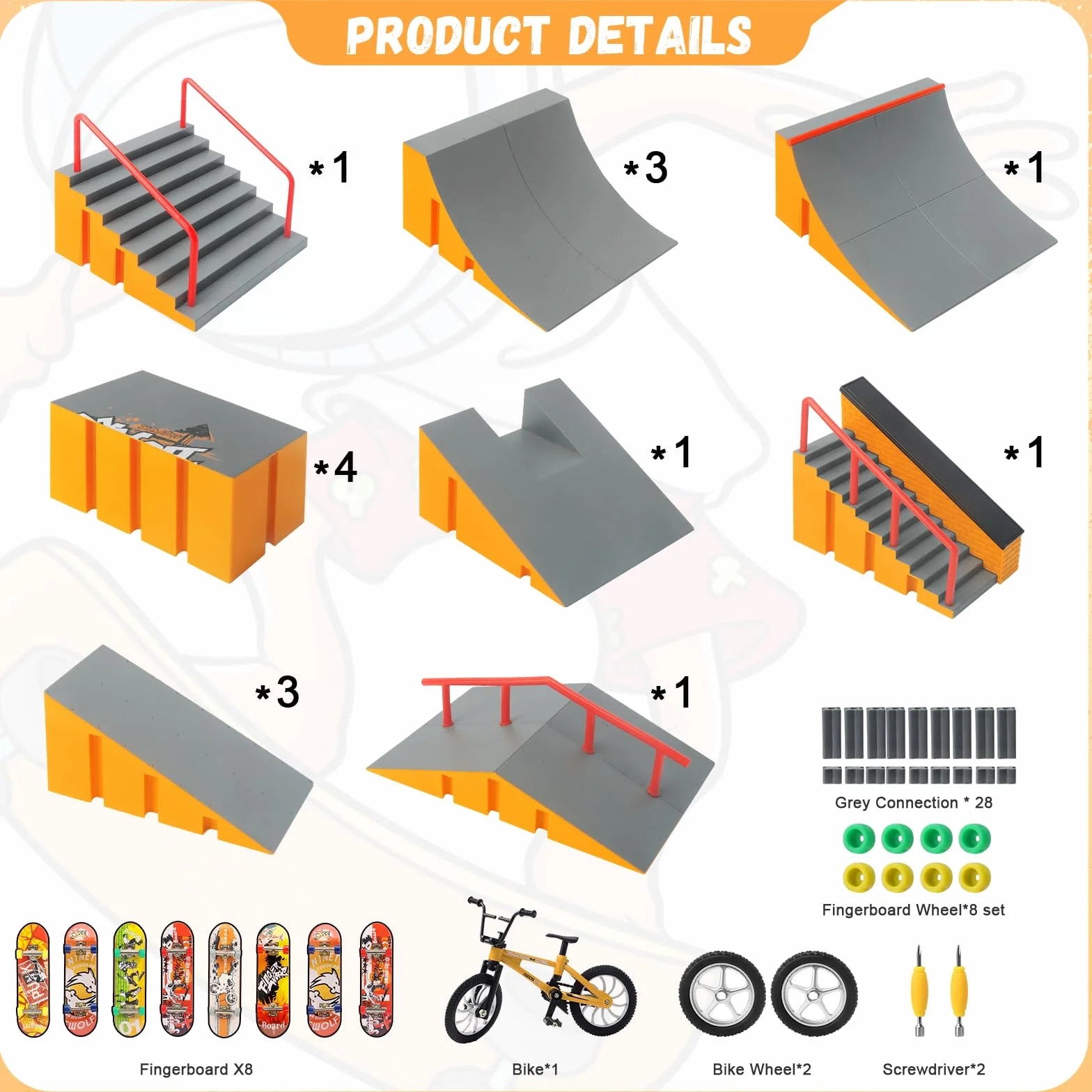 Tlater Mini Finger Deskorolka Zestaw Park Kits, 14 w 1, deskorolka z 14 rampami, 8 podkładkami na palec, 1 rower na palec, zabawka edukacyjna DIY, prezent dla dzieci