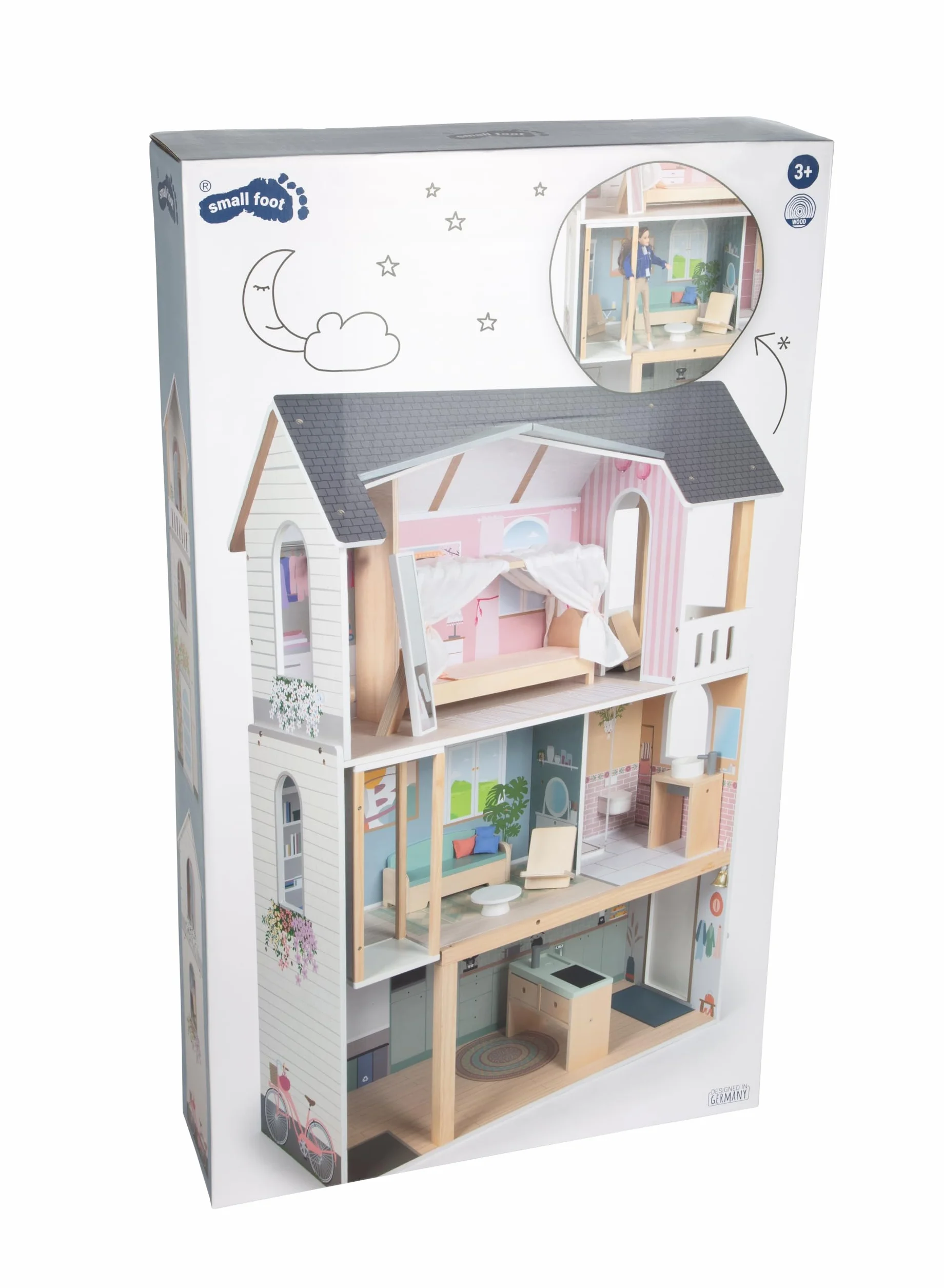 Mały domek dla lalek Villa XL, 3-piętrowy domek dla lalek z windą, dla lalek do 30 cm, skala 1:6, imitacja drewna, 12730