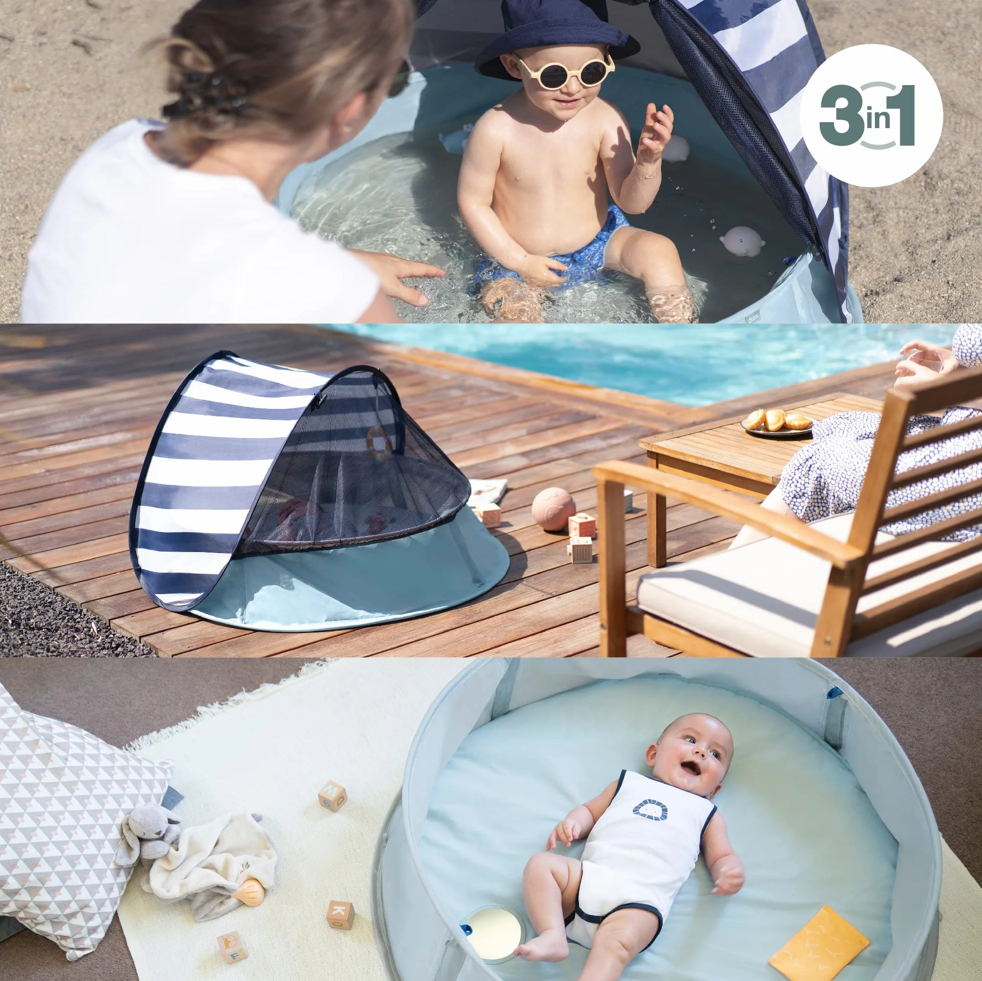 Babymoov Aquani Marrose namiot plażowy 3 w 1, ochrona przed promieniowaniem UV, LSF 50, brodzik i łóżko turystyczne dla dzieci