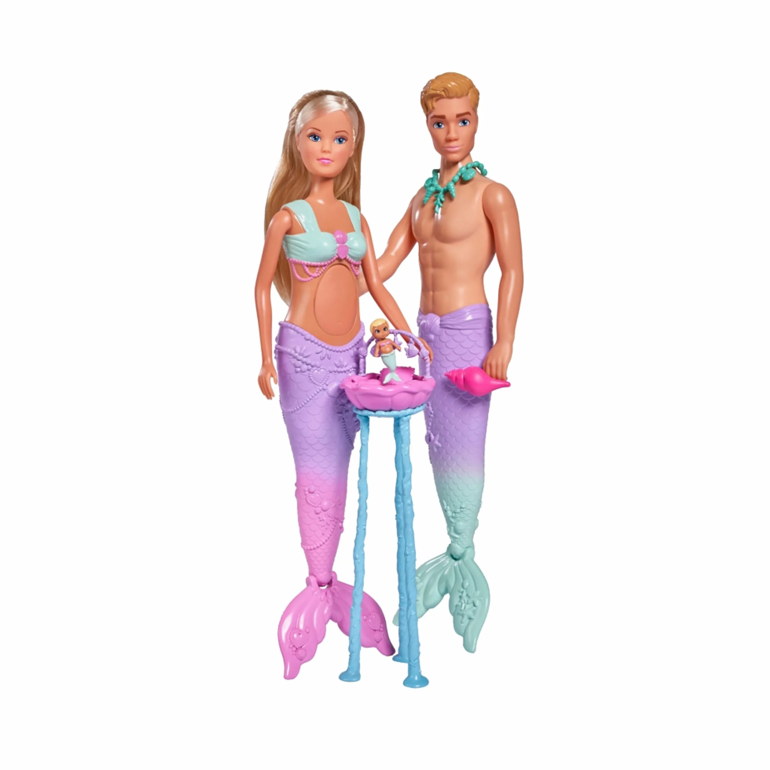 Simba 105733524 - Steffi Love Mermaid Family, lalka jako ciężarna syrenka z Kevinem jako syrenka, z łóżeczkiem dziecięcym, 29 cm, lalki do zabawy, dla dzieci od 3 lat