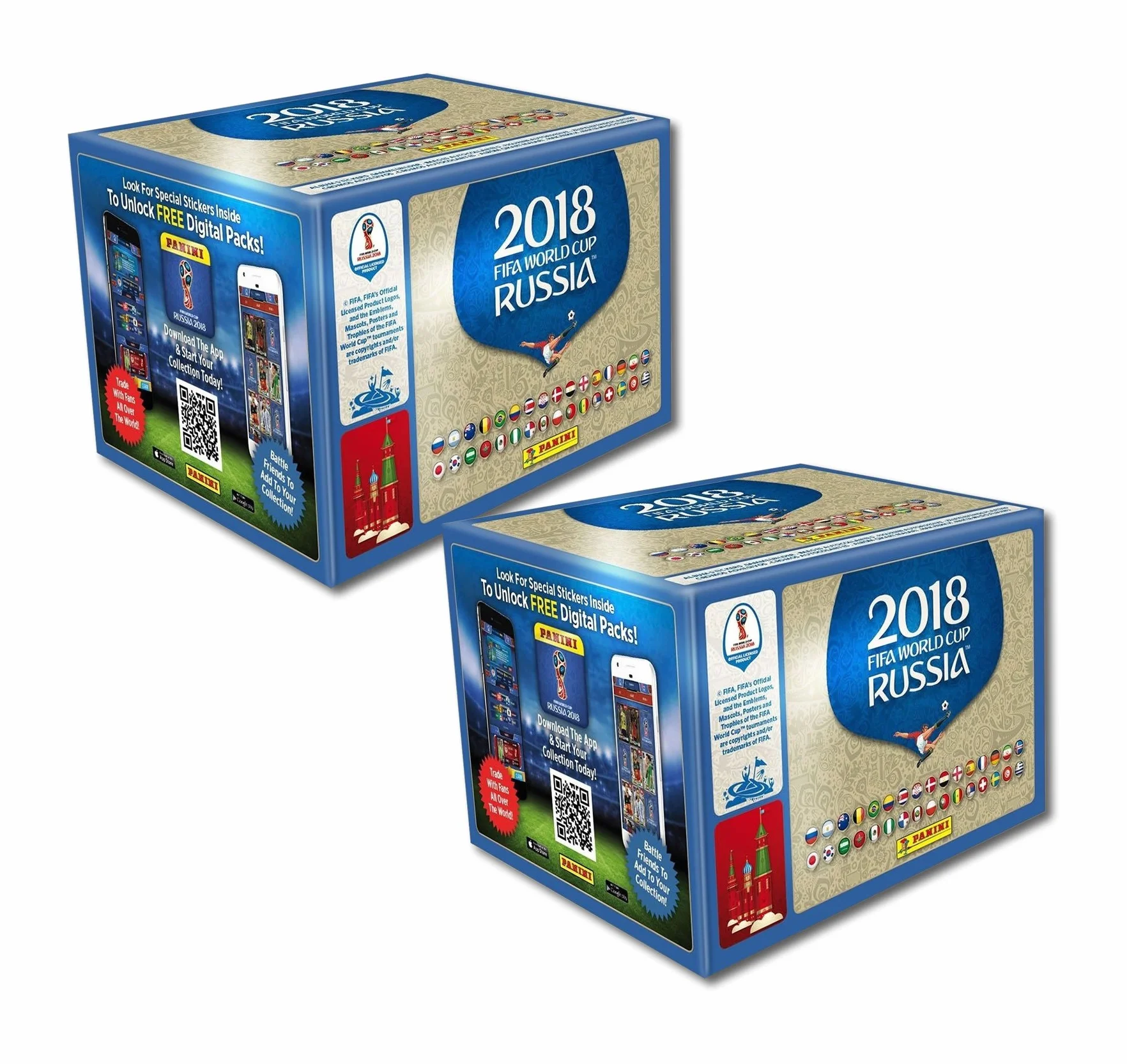 Panini FIFA World Cup 2018 – naklejka WM Rosja 2018-2 wyświetlacze po 50 torebek = 100 worków = 500 naklejek – seria składa się z 670 zdjęć – wersja NL, BE, LU i inne kraje
