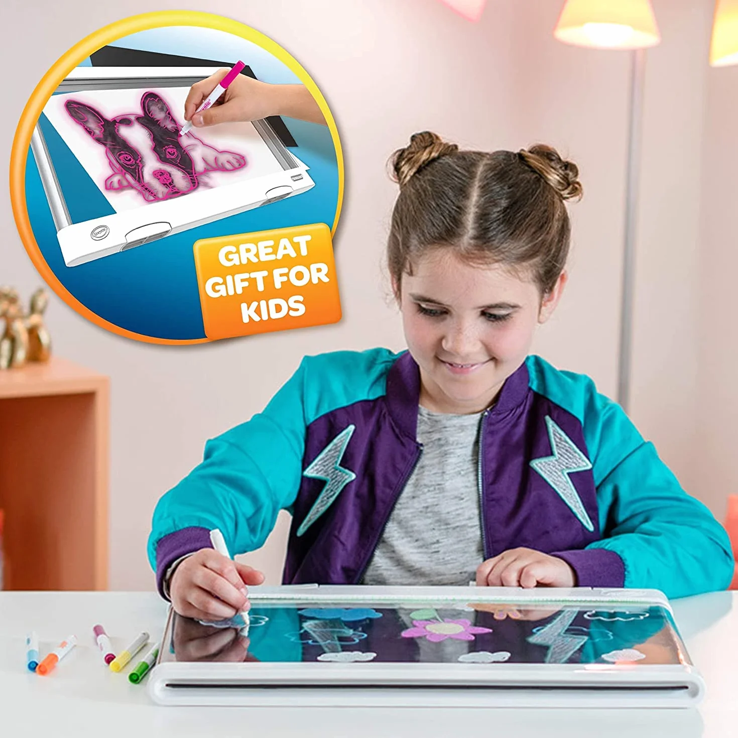 CRAYOLA - Podświetlana Tablica Deluxe z Dużą Powierzchnią, Zmazywalna Tablica do Rysowania ze Światłami LED, Zestaw z 6 Żelowymi Pisakami, Dla Dzieci od 6 do 10 Lat
