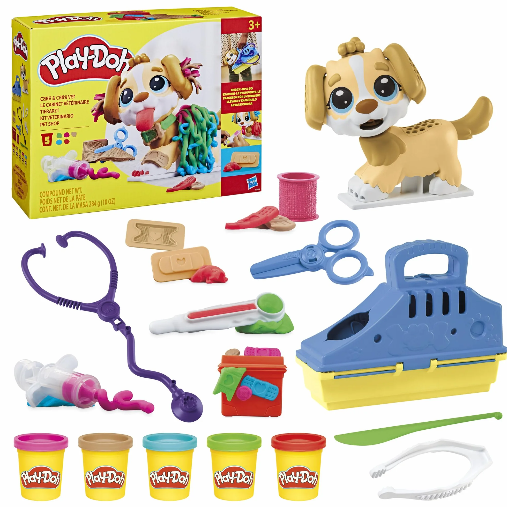Play-Doh Weterynarz, zestaw do zabawy dla dzieci w wieku od 3 lat z zabawkowym psem, opakowaniem do przechowywania, 10 narzędziami i 5 kolorami ciastoliny, produkt nietoksyczny