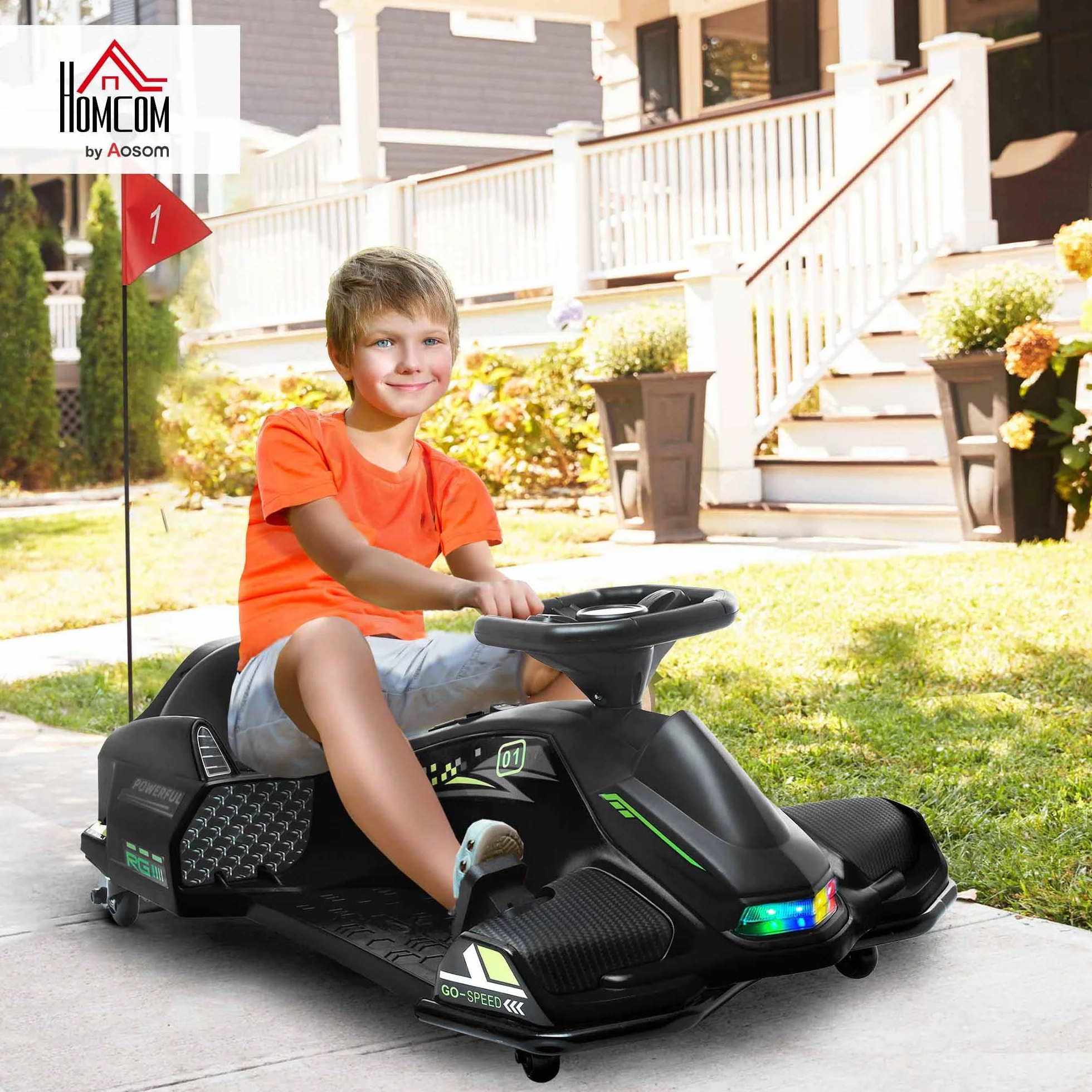 HOMCOM Elektryczny gokart dla dzieci, 12 V, 3-8 km/h, z trybem dryfowania, powolnym startem, muzyką, pas bezpieczeństwa, pojazd dla dzieci w wieku 8-12 lat, czarny