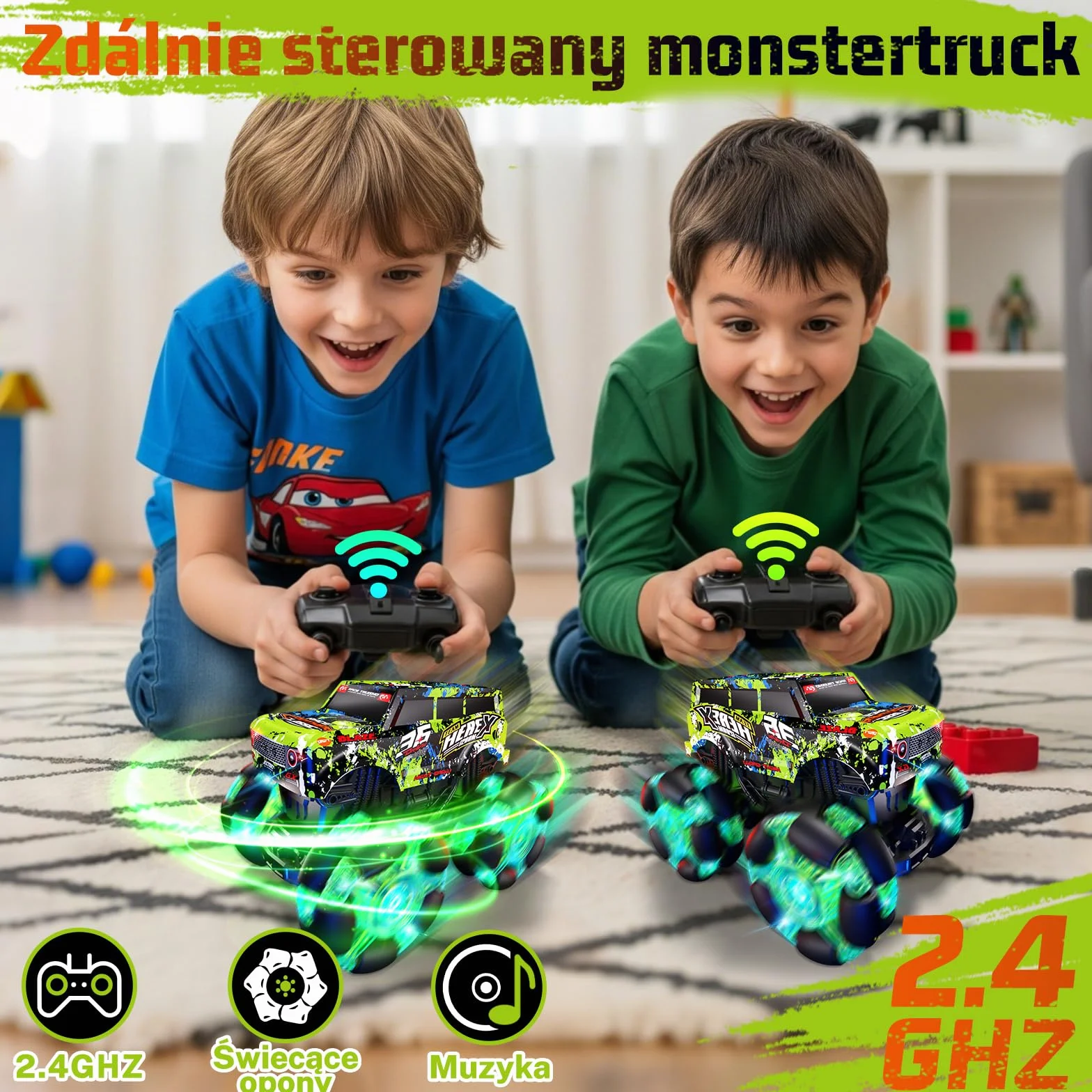 PENGBU RC Zdalnie sterowany samochód od 3, 4, 6 lat, 2,4 GHz, monstertruck, zdalnie sterowany samochód z oświetleniem, oponami i muzyką, 1/20, z obrotem o 360° i 2 akumulatorami, chłopcy 3, 4, 5, 6, 7