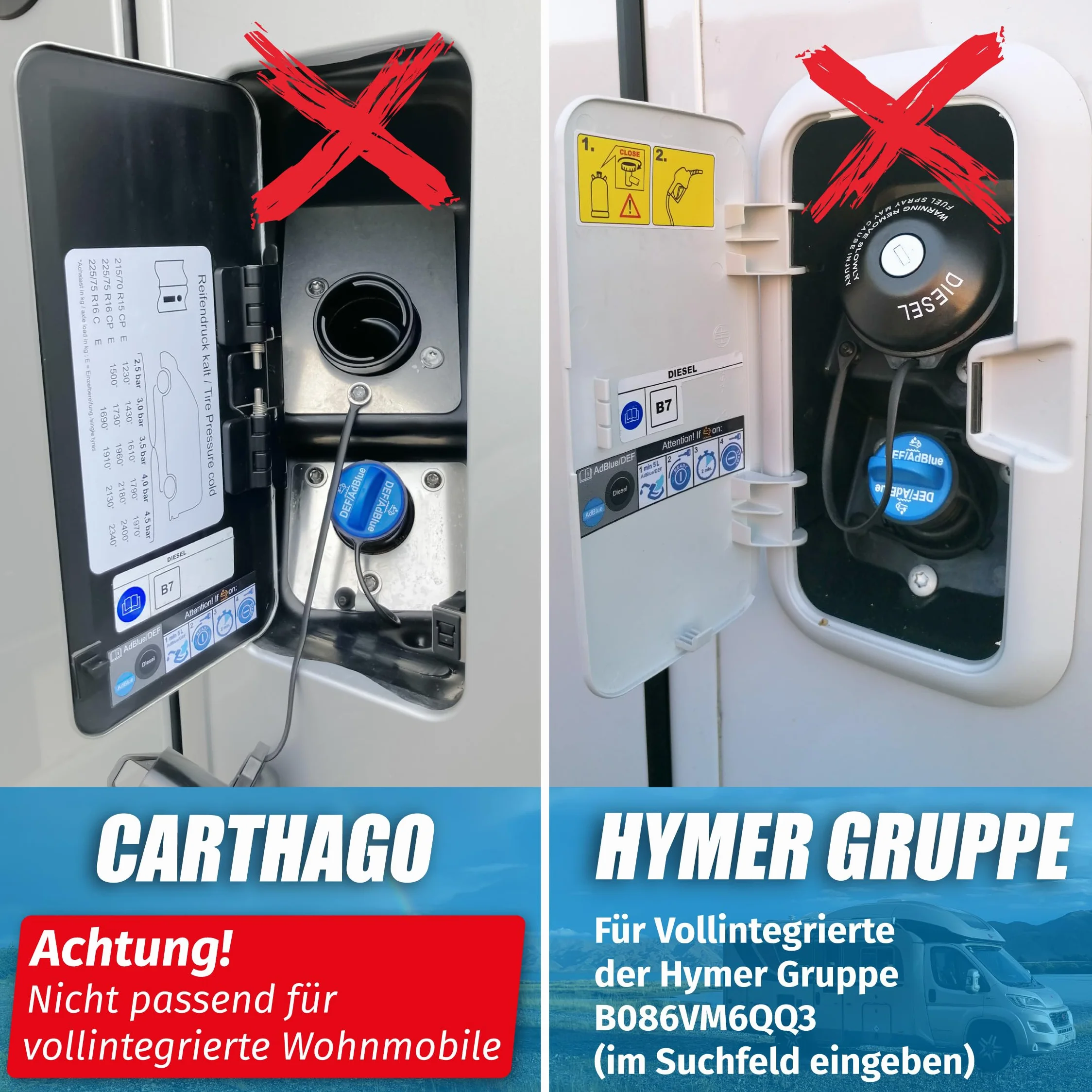 MaJoCompTec® ADBLUESAFE Zabezpieczenie korka wlewu paliwa, zabezpieczenie wlewu paliwa AdBlue, akcesoria do samochodów kempingowych (wersja ze stali nierdzewnej, bezpiecznik Boxer + Jumper + Ducato)