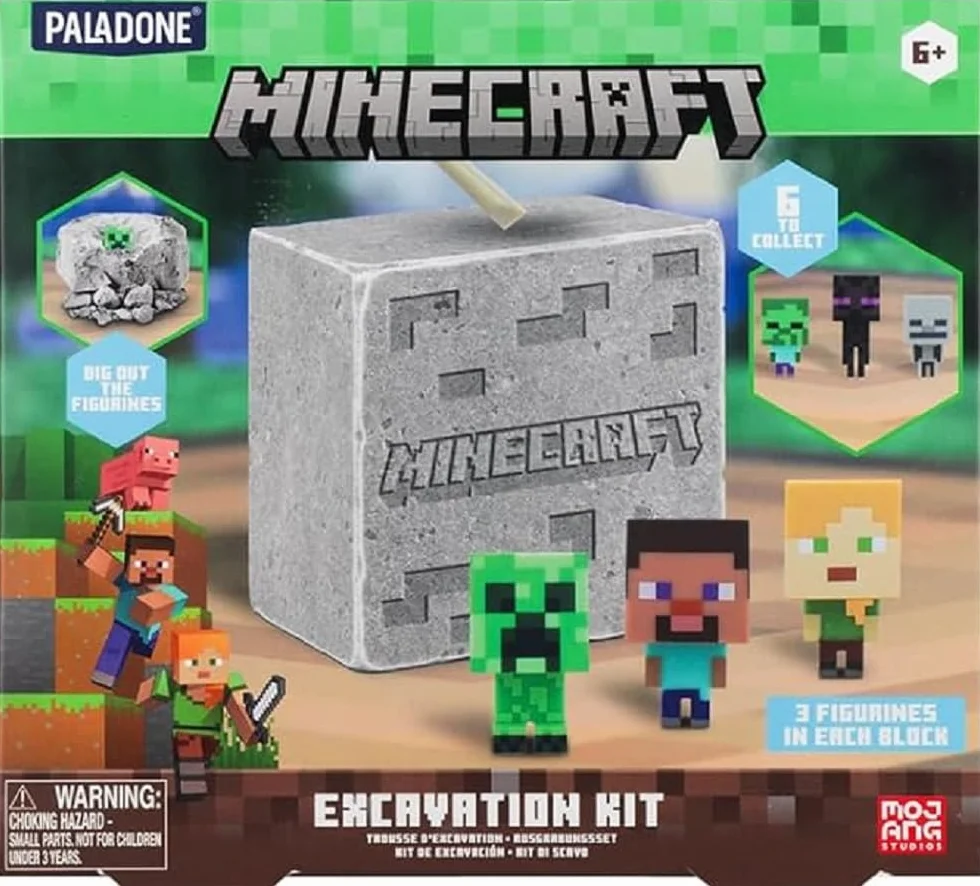 Paladone Minecraft Oficjalnie licencjonowany zestaw do wykopu dla dzieci, dekoracja do zabawy i prezent dla chłopców i dziewcząt, 3 kultowe figurki w zestawie, interaktywna zabawka pogrzebowa