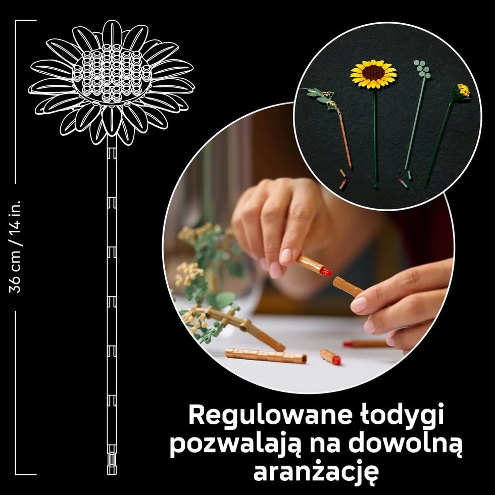 LEGO Botanicals Bukiet słoneczników, zestaw konstrukcyjny dla dorosłych, kwiatowa dekoracja z sześcioma kwiatami i liśćmi eukaliptusa, pomysł na prezent urodzinowy dla kobiet i mężczyzn 11502