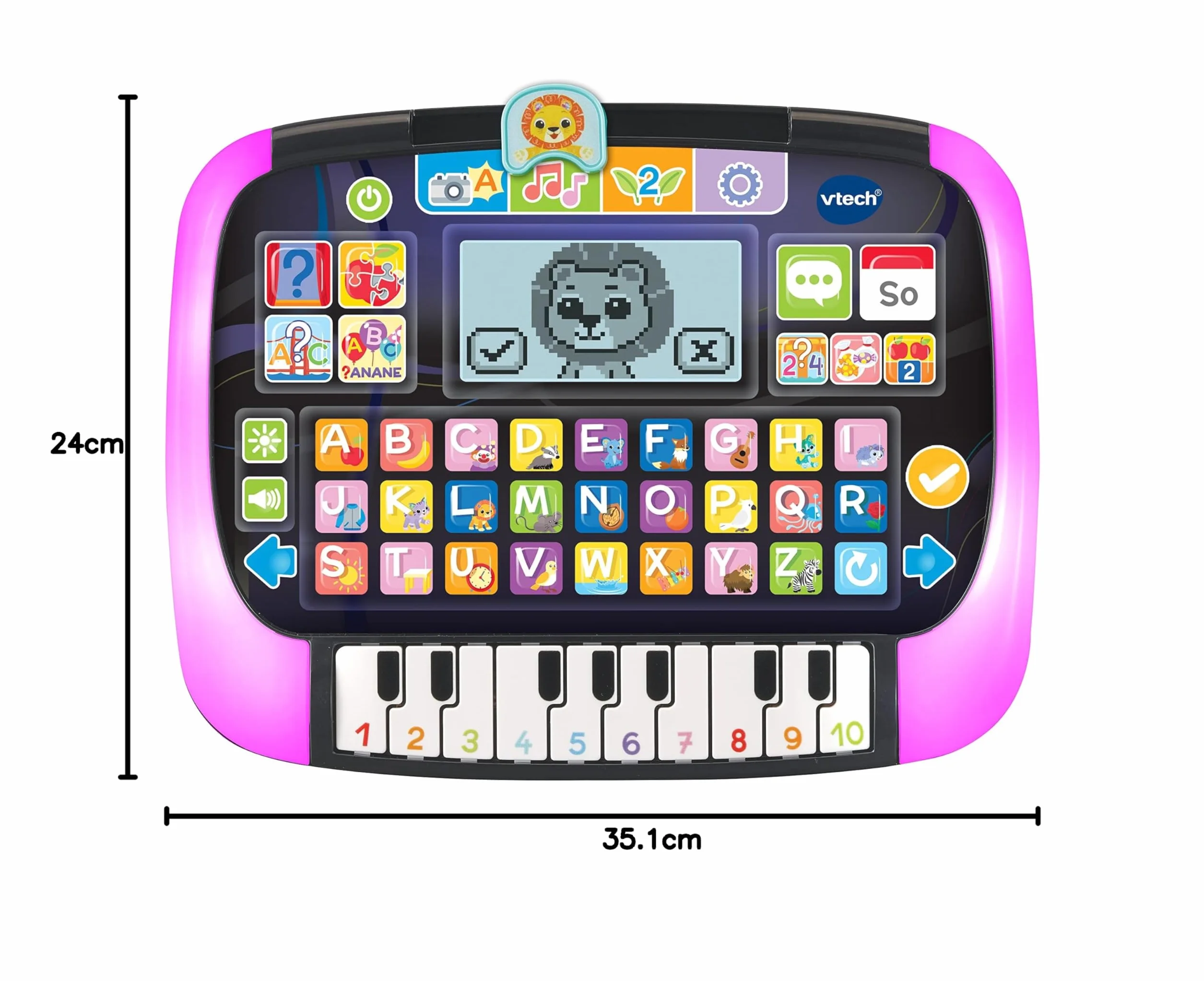 VTech Tablet do nauki i muzyki dla niemowląt – mówiący, muzyczny tablet z 12 zajęciami edukacyjnymi i świecącą ramką – do nauki słów, liter, cyfr – dla dzieci w wieku 2-5 lat, kolorowy