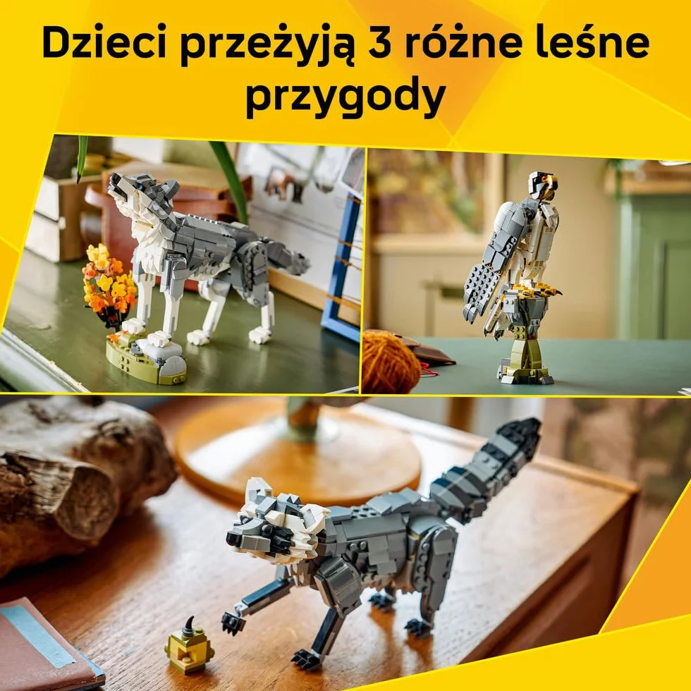 LEGO Creator 3 w 1 Leśne zwierzęta: Wilk szary, zabawka konstrukcyjna dla dzieci, 3 opcje figurek zwierząt: wilk, sokół lub szop, pomysł na prezent dla chłopca i dziewczynki od 8 lat 31393
