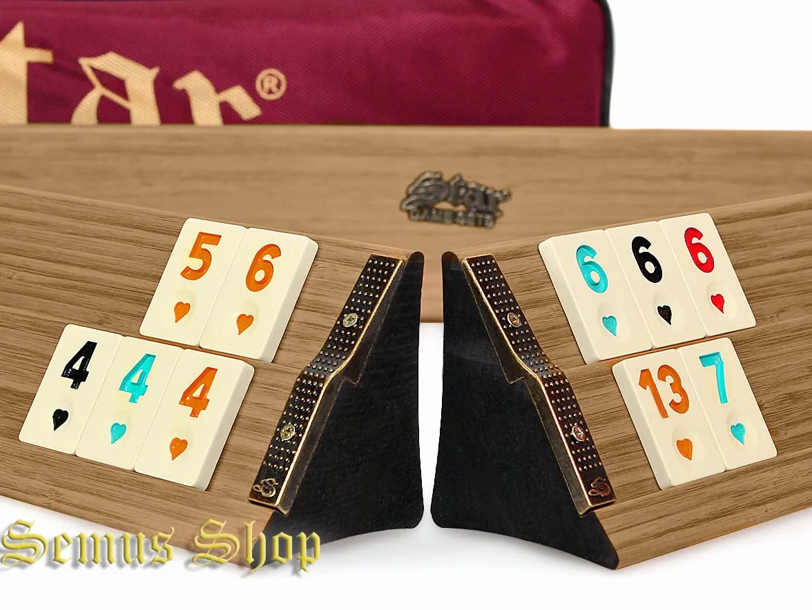 Zestaw premium Okey/Rummy – lite drewno, melamina kamienie do zabawy, wyściełana torba do przenoszenia, długopis, 104 kamienie + 2 jokery + kostki (jasne)