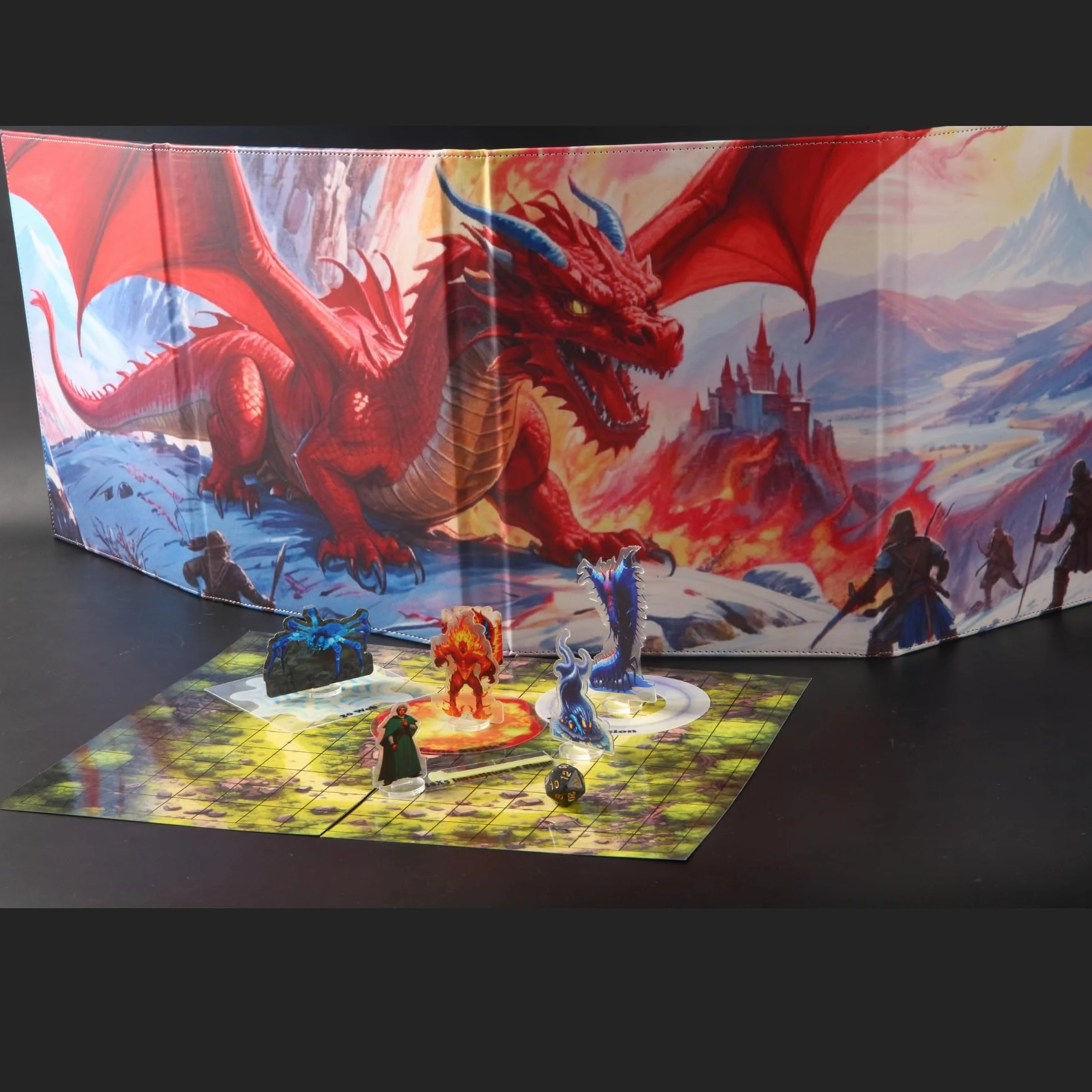 DND 5e Ekran DM 8 Panele z imitacji skóry Deluxe 2 zawieszone kieszenie do wymazywania na mokro i cheat sheet dla Mistrza Lodów Dungeons and Dragons Akcesoria do terenu GM Mapa TTRPG Prezent dla