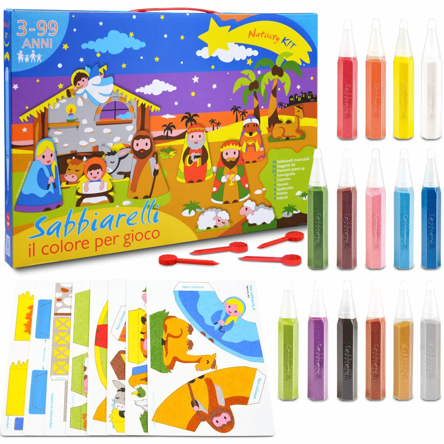 Sabbiarelli Sand-it For Fun – Maxi Kit Nativity 3-99 | Kit Sand Art 100% Made in Italy z Kolorowym Piaskiem, Rysunkami i Akcesoriami | Stwórz Szopkę | Prace dla Całej Rodziny