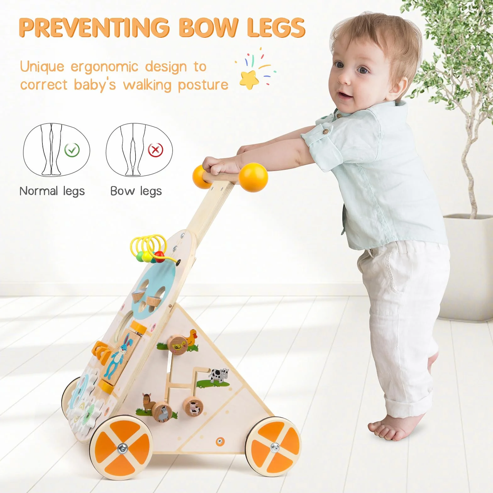 Jacootoys Drewniany chodzik z regulowaną prędkością dla maluchów, drewniany chodzik do nauki chodzenia i pchania dla chłopców, dziewczynek i dzieci w wieku 1, 2 i 3 lat