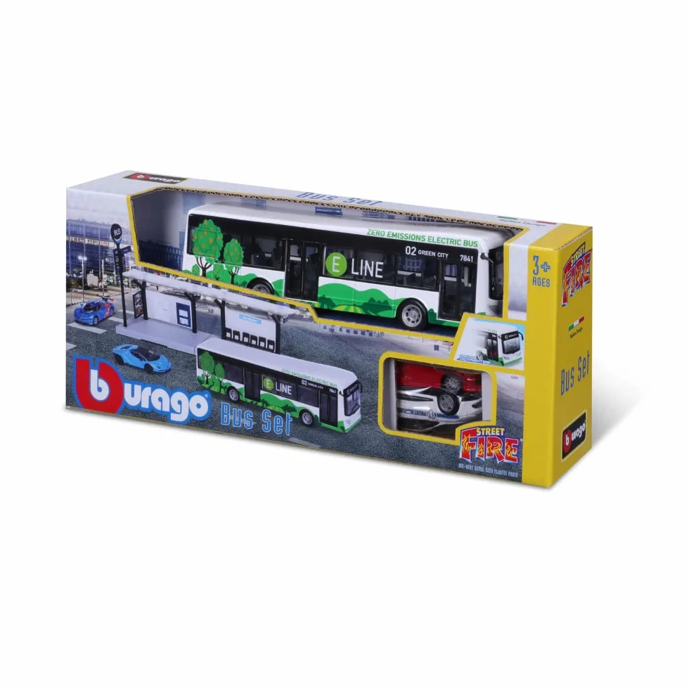 BBURAGO 1/64 PUBLICZNY TRANSPORT - Playset City Bus + Stacja + 2 pojazdy -, Niebieski lub Zielony