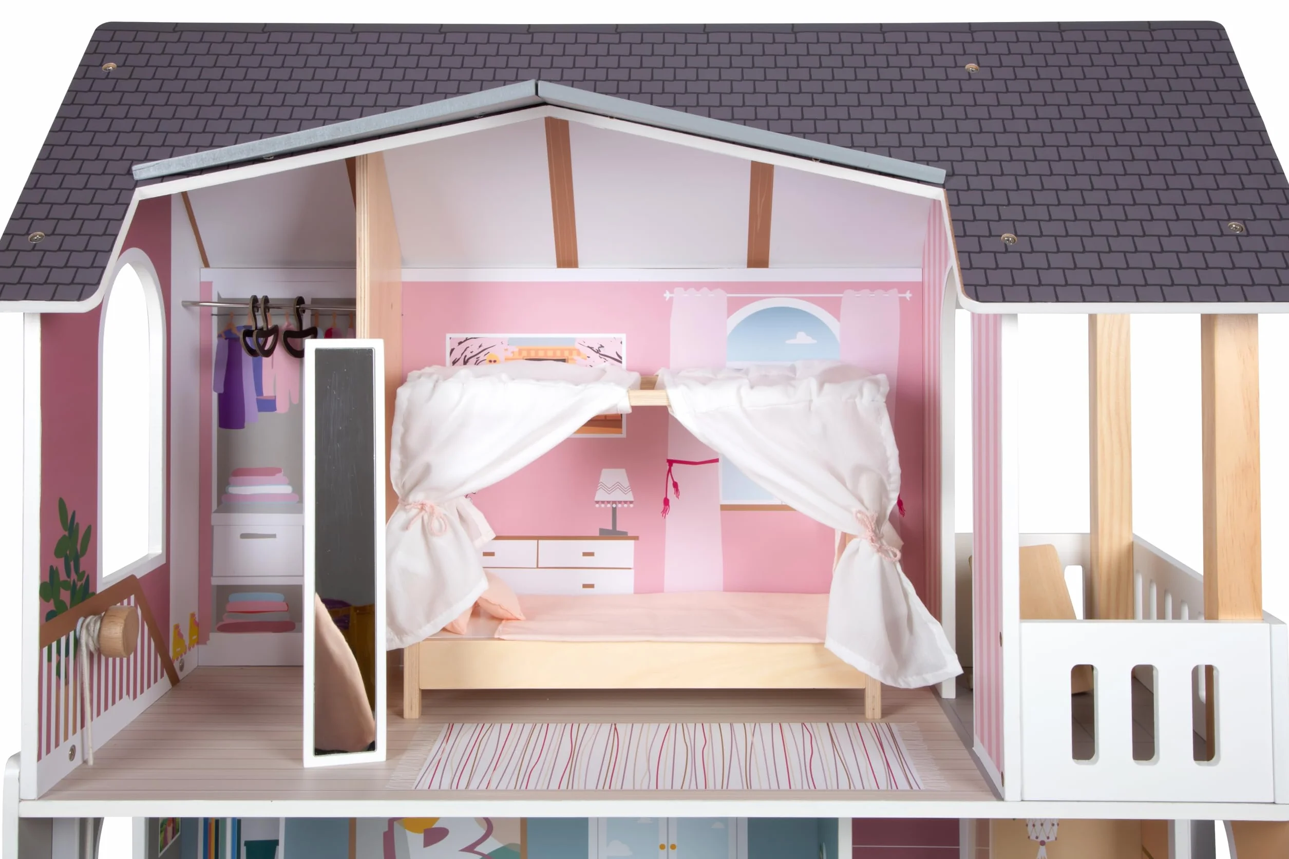 Mały domek dla lalek Villa XL, 3-piętrowy domek dla lalek z windą, dla lalek do 30 cm, skala 1:6, imitacja drewna, 12730