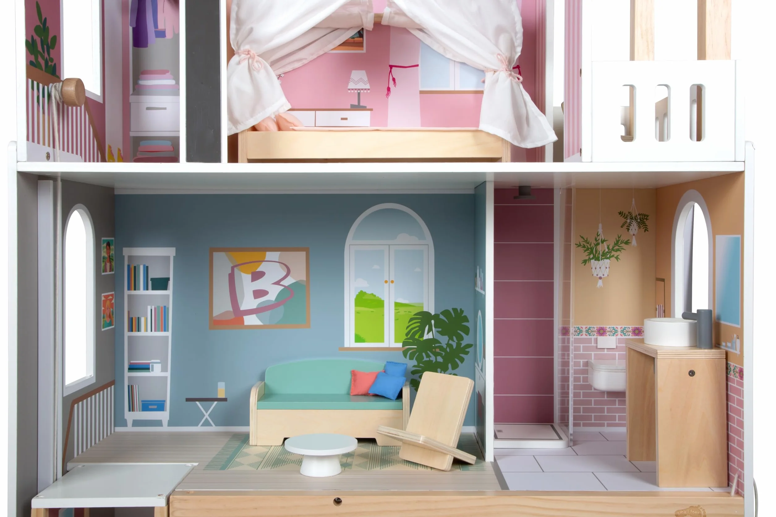 Mały domek dla lalek Villa XL, 3-piętrowy domek dla lalek z windą, dla lalek do 30 cm, skala 1:6, imitacja drewna, 12730