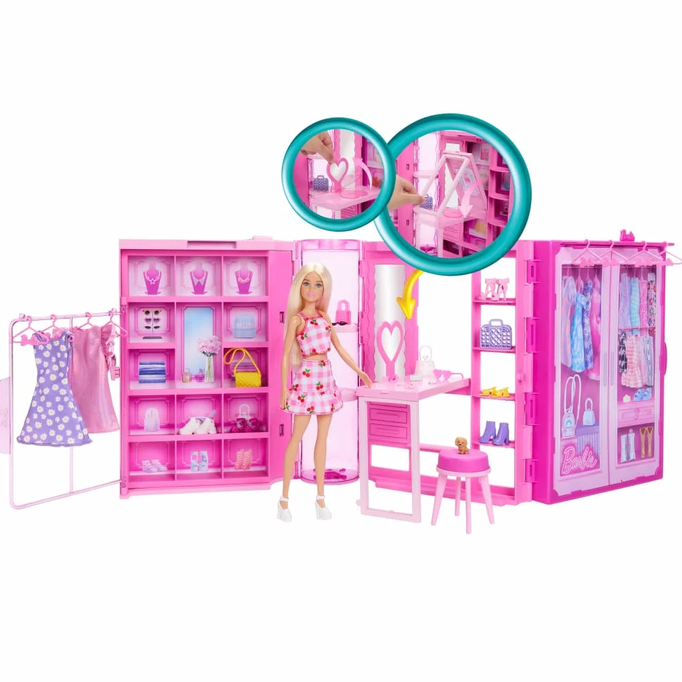 Barbie Szafa Marzeń Zestaw do zabawy z lalką blondynką, szafą (ponad 90 cm szerokości), ubranka dla lalki i akcesoria; 25 elementów, 3 pełne stylizacje Zestaw garderoba, HXD58