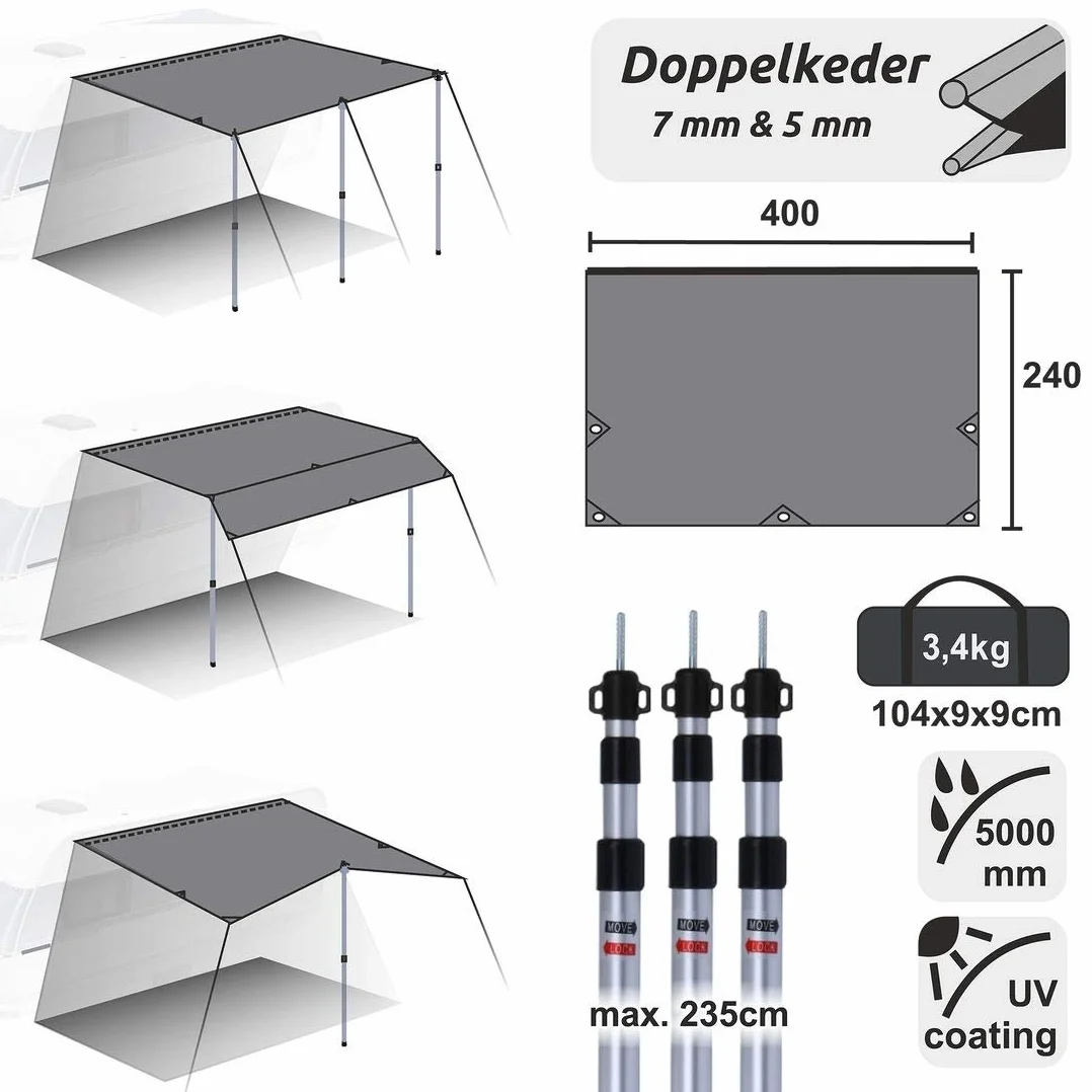 yourGEAR żagle przeciwsłoneczne do przyczep kempingowych, 4 x 2,4 m, dach ochrony UV 50+, wodoszczelny, 5000 mm, drążki do ustawiania