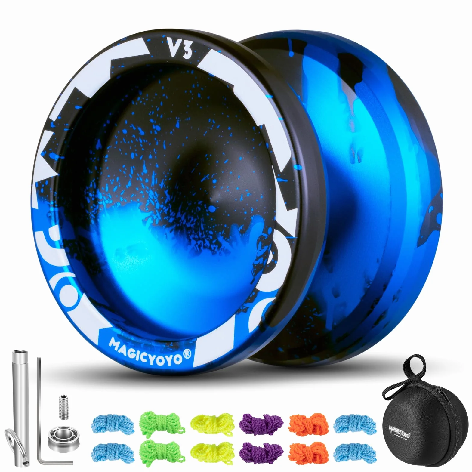 MAGICYOYO Profesjonalne JoJo V3 Responsywne dla Dzieci, Dual Purpose z Niereagującym Trybem, Metalowe z Zestawem Łożysk, 12 Sznurków + Torba (Czarno-Niebieska)