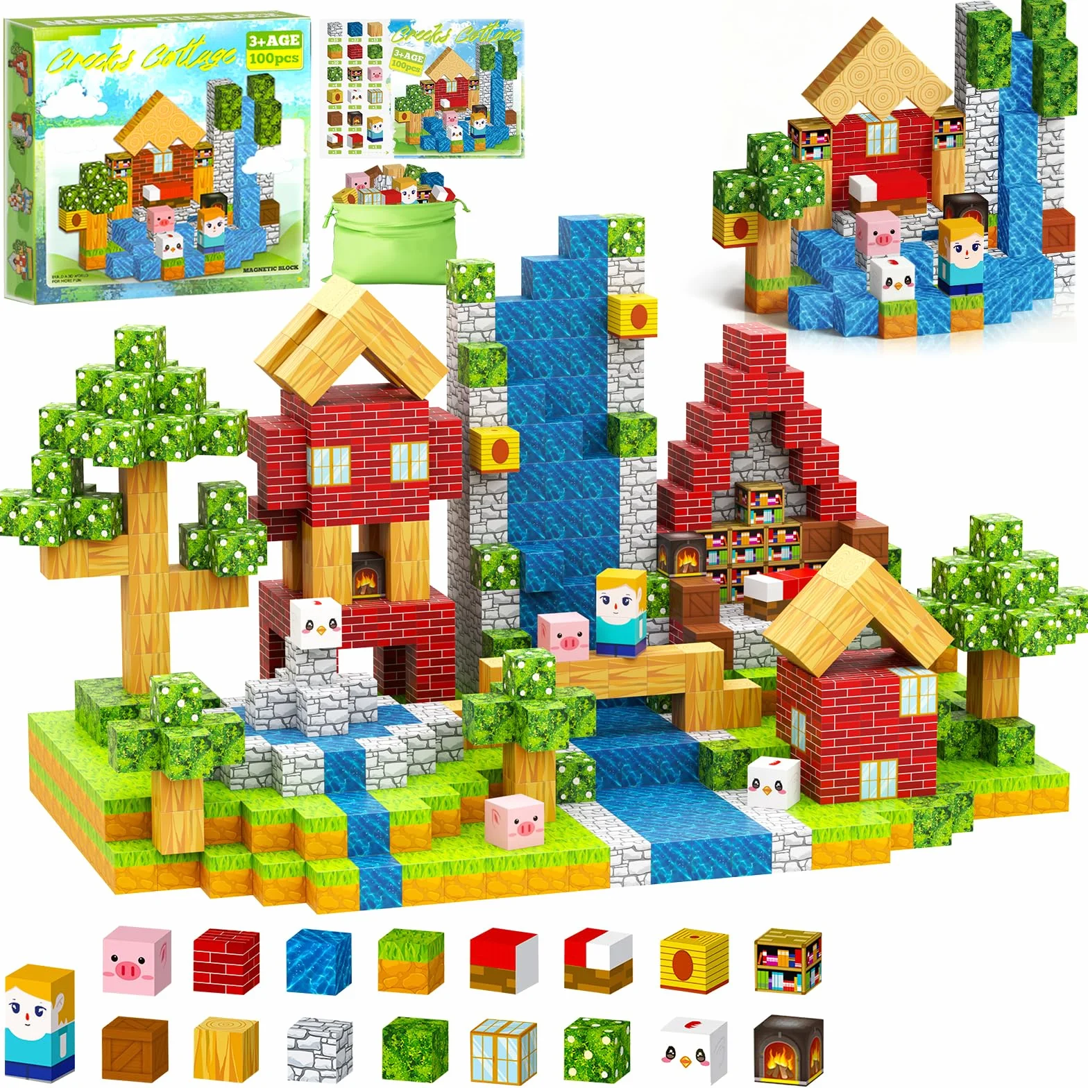 Klocki Magnetyczne, Zestaw 100 Sztuk Magnetycznych Klocków Dla Dzieci, Kreatywna Zabawka Montessori Z Magnesami, Sensoryczna Zabawka STEM, Dla Chłopców I Dziewcząt W Wieku 3-12 Lat