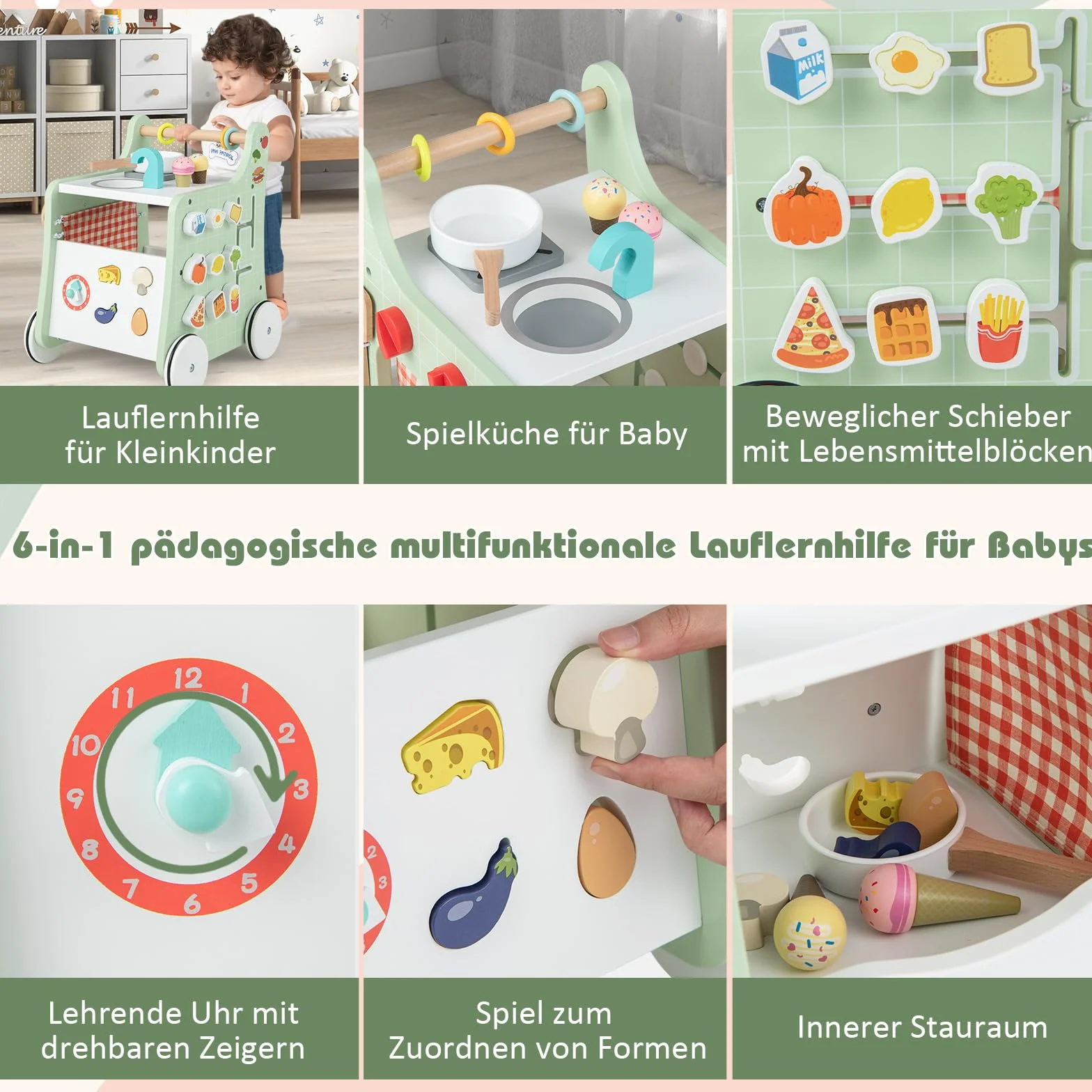 COSTWAY Drewniany wózek do nauki chodzenia 6 w 1, pomoc w nauce chodzenia z kuchnią do zabawy, zegarem do nauki, dopasowaniem kształtu i ruchomym suwakiem, kuchnia dziecięca Baby Walker z kółkami, dla