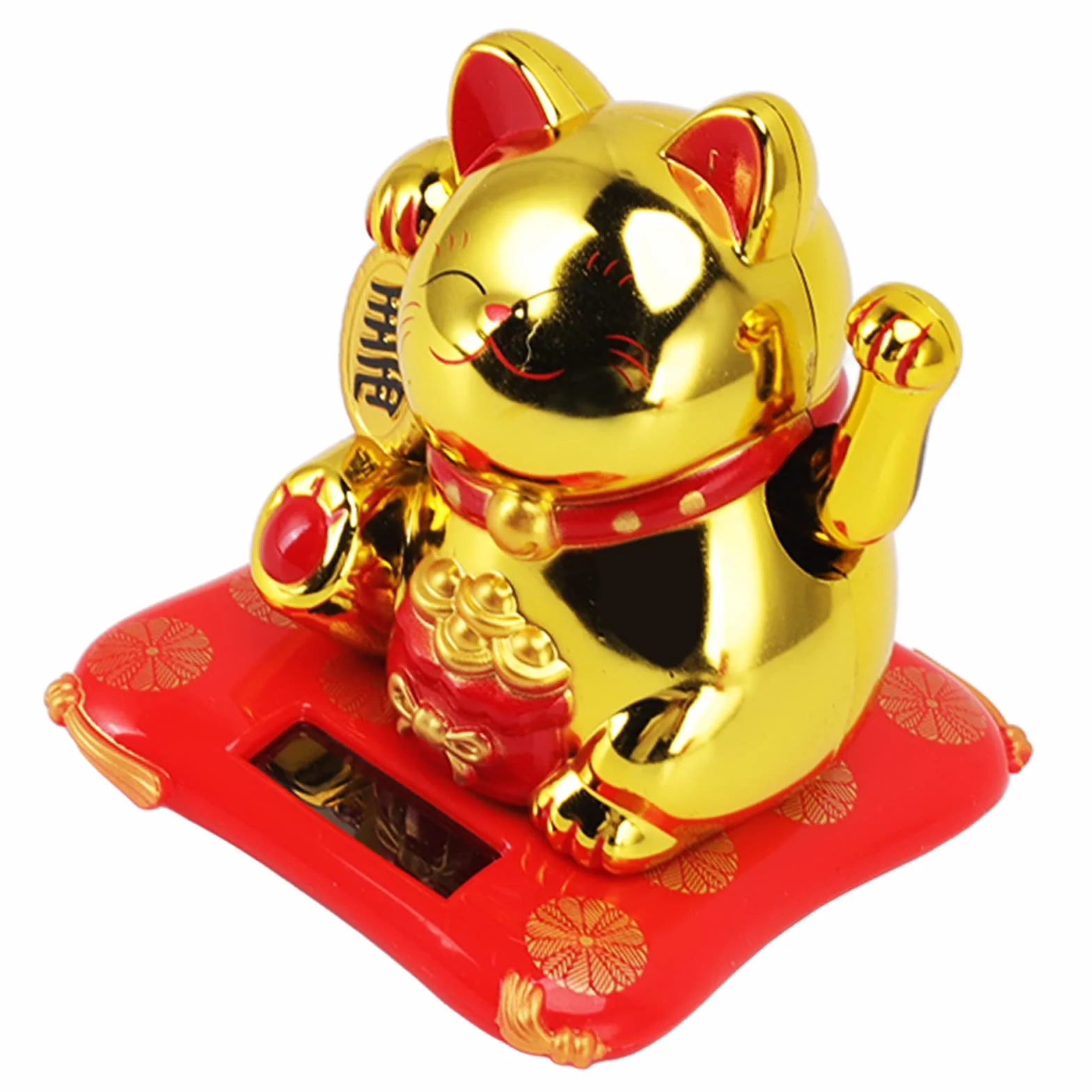 Solar Powered Lucky Waving Cat, Chiński Wealth Lucky Cat Waving Arm Solar Fortune Cat Statue, Beckoning Waving Arm Fortune Lucky Cat for Decorating Front Desk Car Business Opening (Złota Torba Błogosławieństwa)