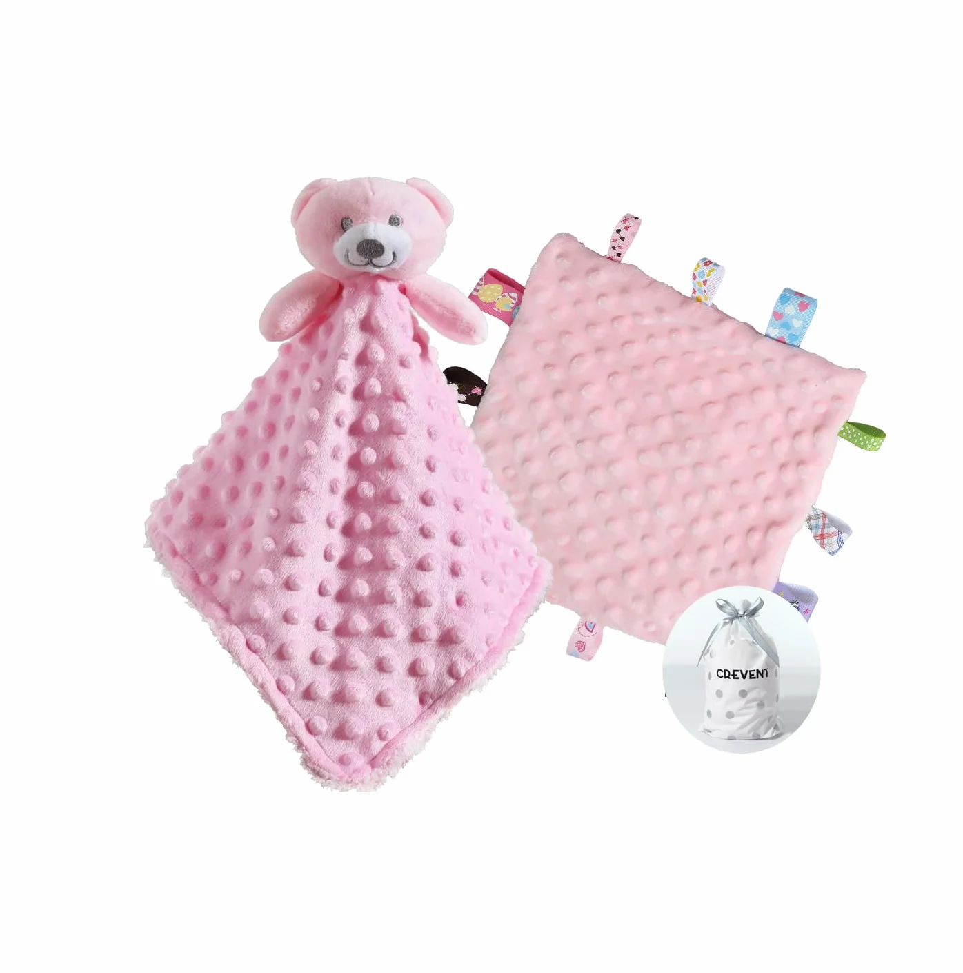 CREVENT Miękkie, pluszowy kocyk bezpieczeństwa z twarzą zwierzątka, dla chłopców i dziewczynek, świetny prezent na urodziny, na baby shower (różowy miś + metki)