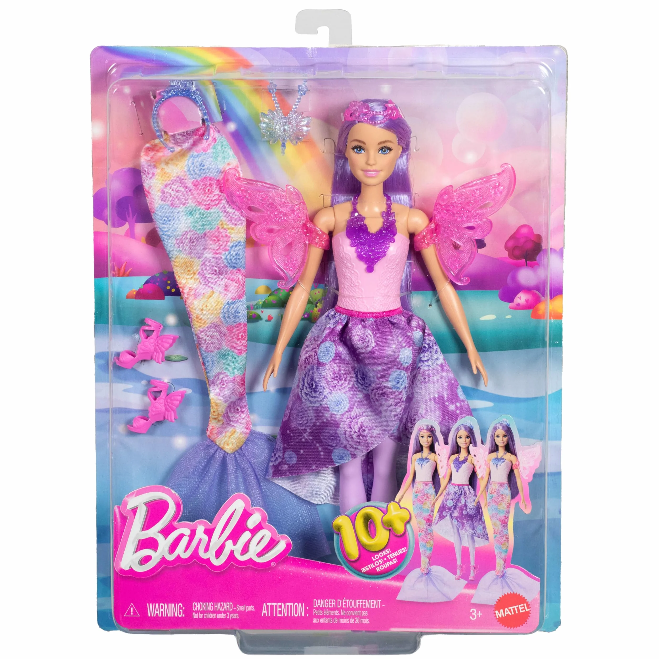 Barbie Baśniowe przebieranki Lalka, ubranka i akcesoria Zestaw z lalką i 8 akcesoriami, w tym ogonem syrenki, skrzydełkami wróżki, naszyjnikami i bucikami do stworzenia ponad 10 stylizacji, JCP74