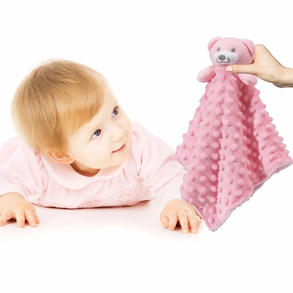 CREVENT Miękkie, pluszowy kocyk bezpieczeństwa z twarzą zwierzątka, dla chłopców i dziewczynek, świetny prezent na urodziny, na baby shower (różowy miś + metki)
