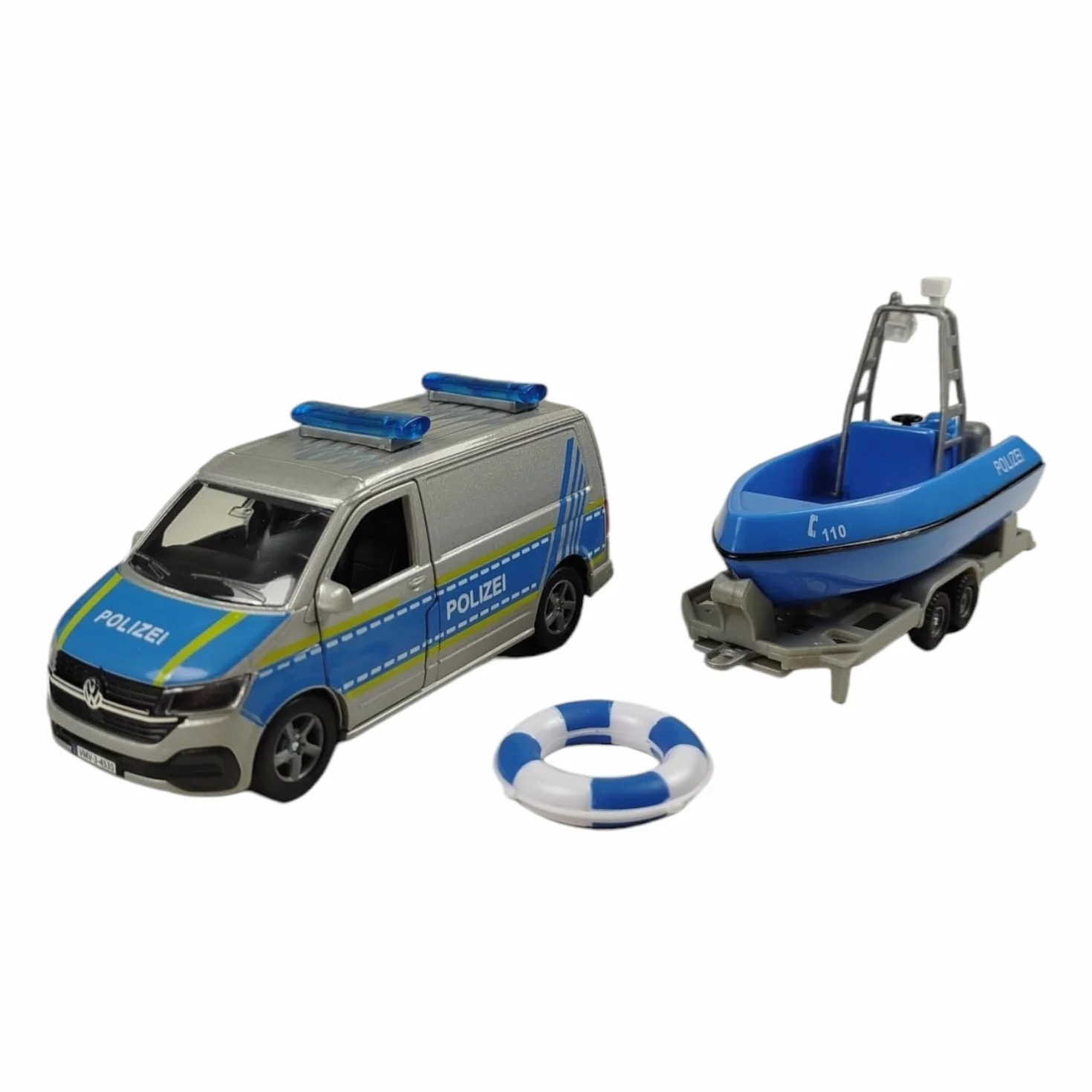 Kids Globe VW Transporter Policja z łodzią DE Die Cast Pull Back 29 cm, zabawka dla dzieci, 520360