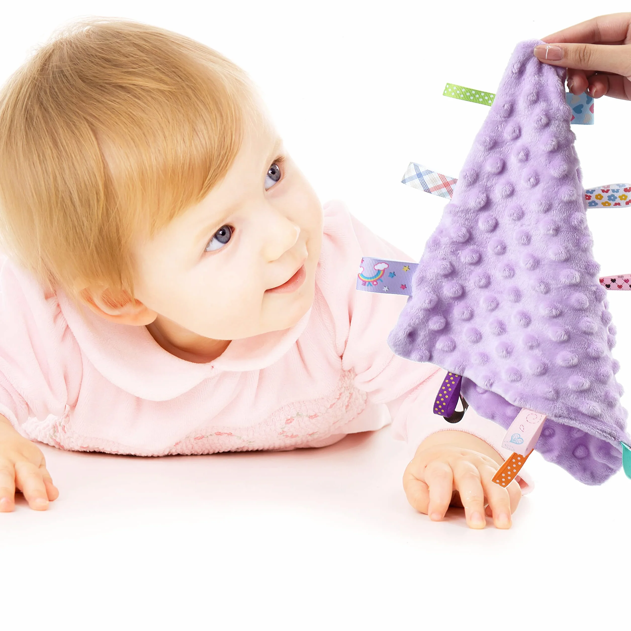 CREVENT Polarowa pluszowa etykieta, koc bezpieczeństwa dla niemowląt, miękki, dla małych ukochanych, koc sensoryczny, świetny prezent na urodziny, baby shower, 24,5 x 24,5 cm, fioletowa metka