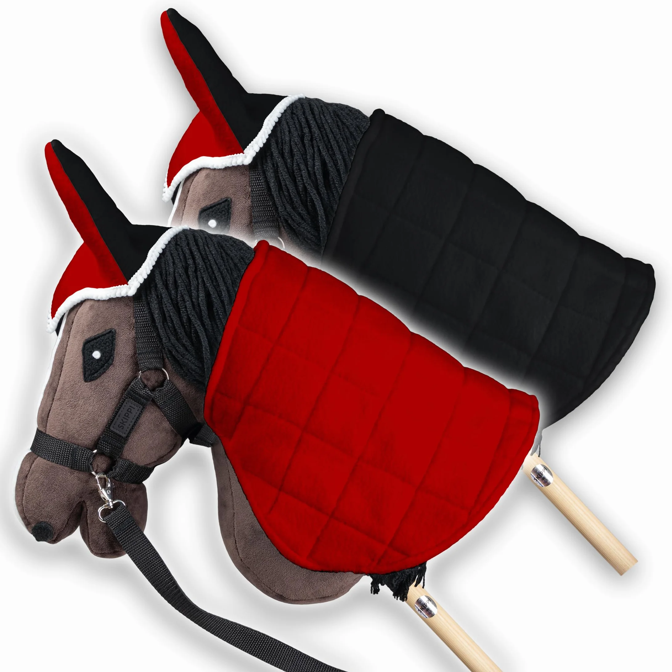 SKIPPI Zestaw Derka i Nauszniki dla Hobby Horse - Czerwona i Czarna, Hobby Horse Akcesoria, Dwustronna Derka dla Konia na Kiju