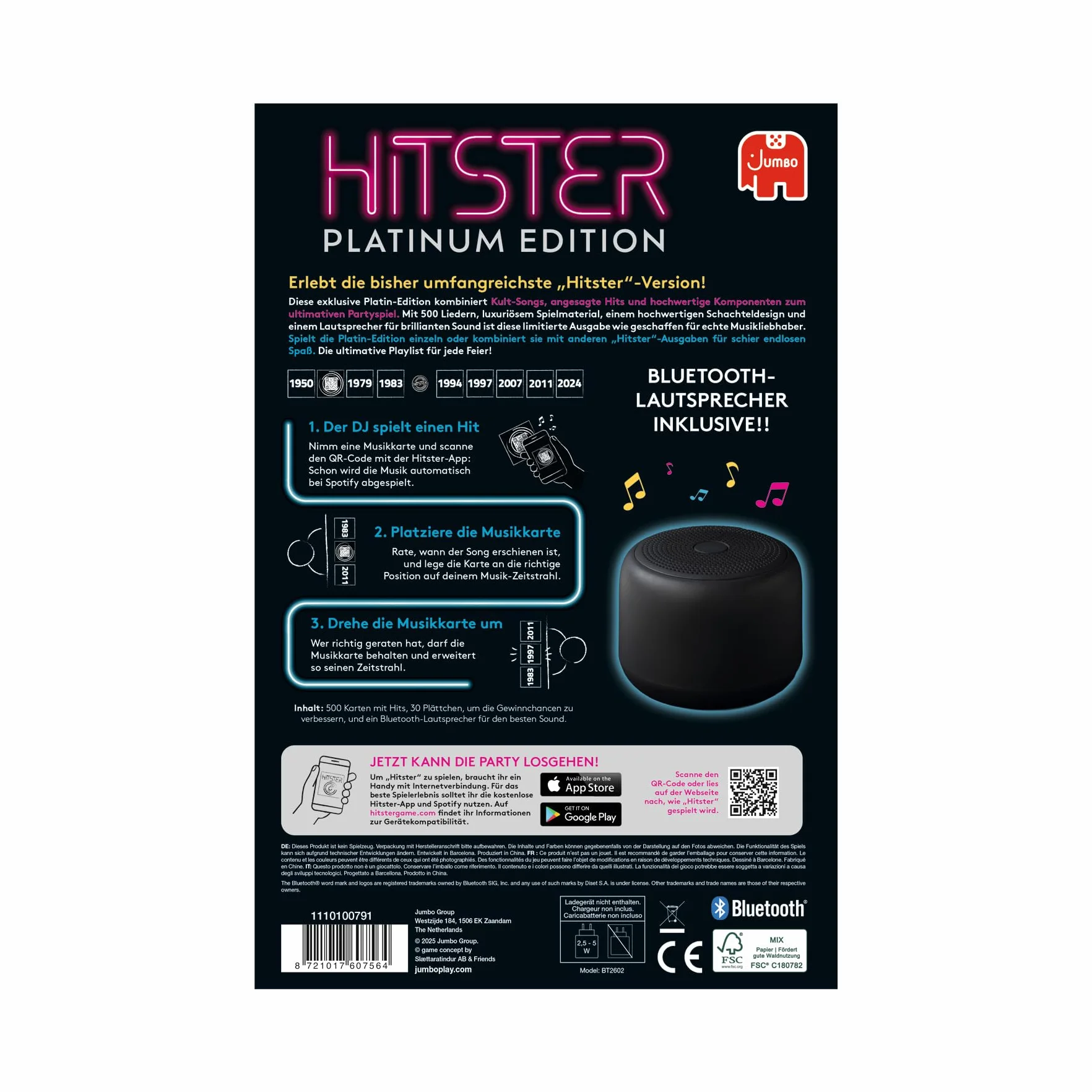 Hitster Platynowa edycja – muzyczna gra imprezowa z 500 piosenkami popu, rocka, hip-hopu, tańca i nie tylko, zawiera głośnik