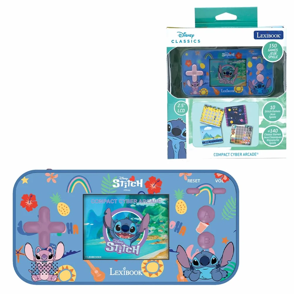 Lexibook, Disney Stitch, Kompaktowa Przenośna Konsola Zręcznościowa, 150 Gier, Kolorowy Ekran LCD, Zasilanie Bateryjne, JL2367D
