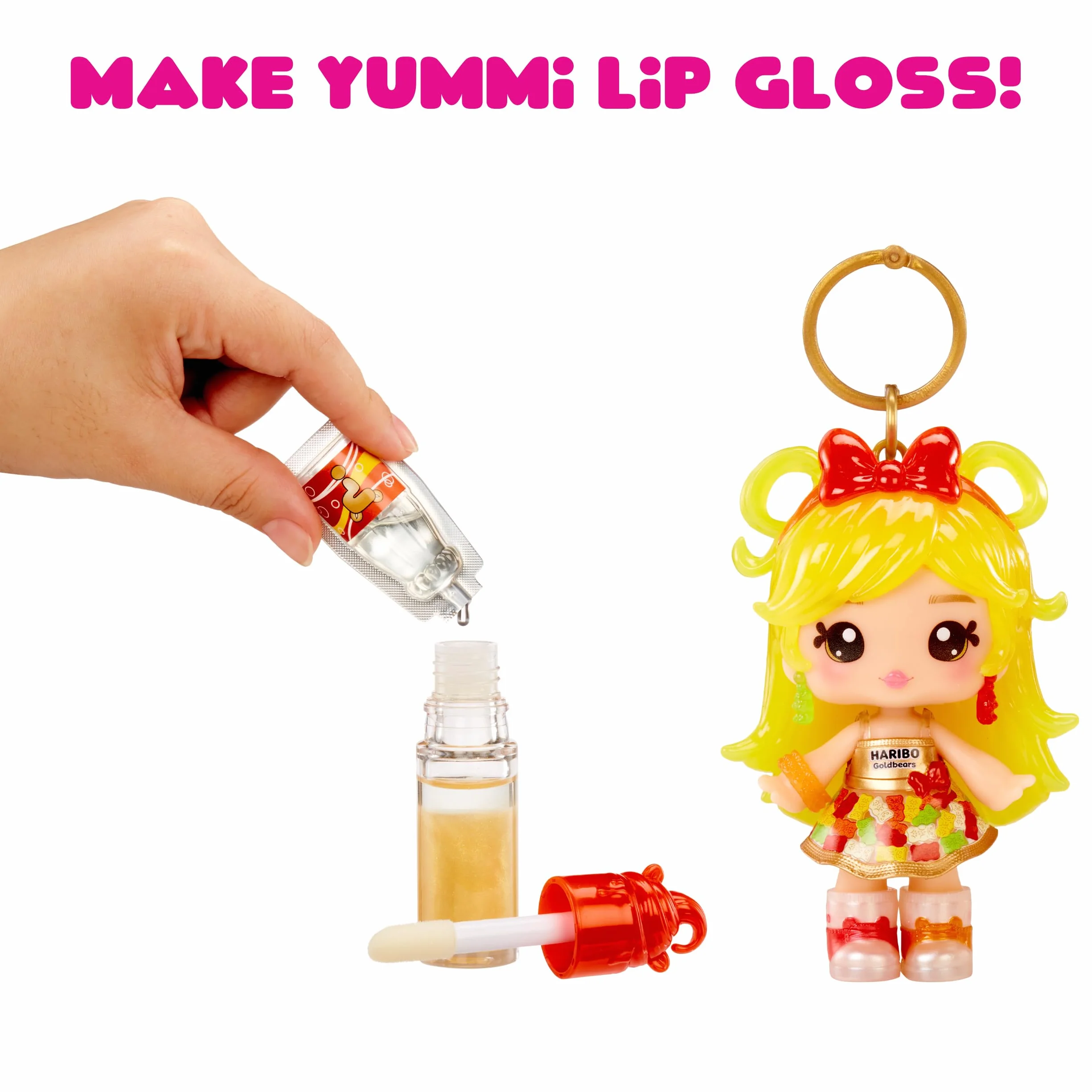 Yummiland x Licensed Sweets Lip Gloss Doll: Haribo Goldbears - Sweetie Goldbears – w Zestawie Lalka, Błyszczyk DIY i Breloczek! Zabawa z Makijażem i Kolekcjonerska Gratka dla Dzieci od 4. Roku Życia