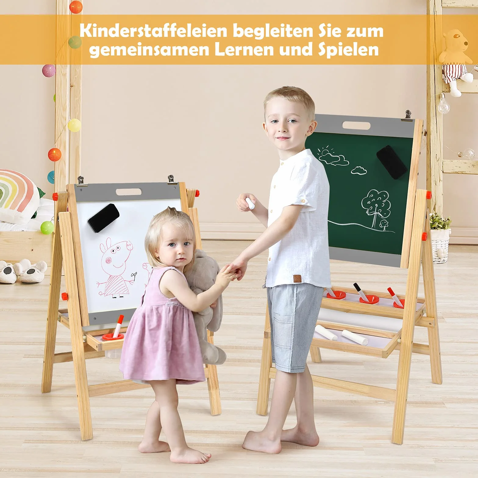 COSTWAY Sztaluga dziecięca 3 w 1 z drewna sosnowego, dwustronna, tablica suchościeralna, do pisania kredą i rysowania, z regulacją wysokości/składana, z półką