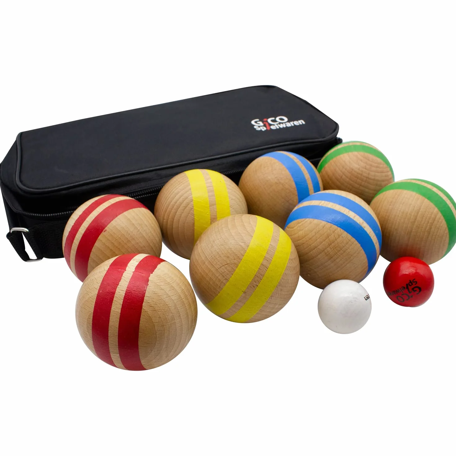 GICO Boccia gra z litego drewna, w paski z 8 kulami, średnica 7 cm. Wyprodukowano w UE -Gra dobrze wyróżniona- 3021