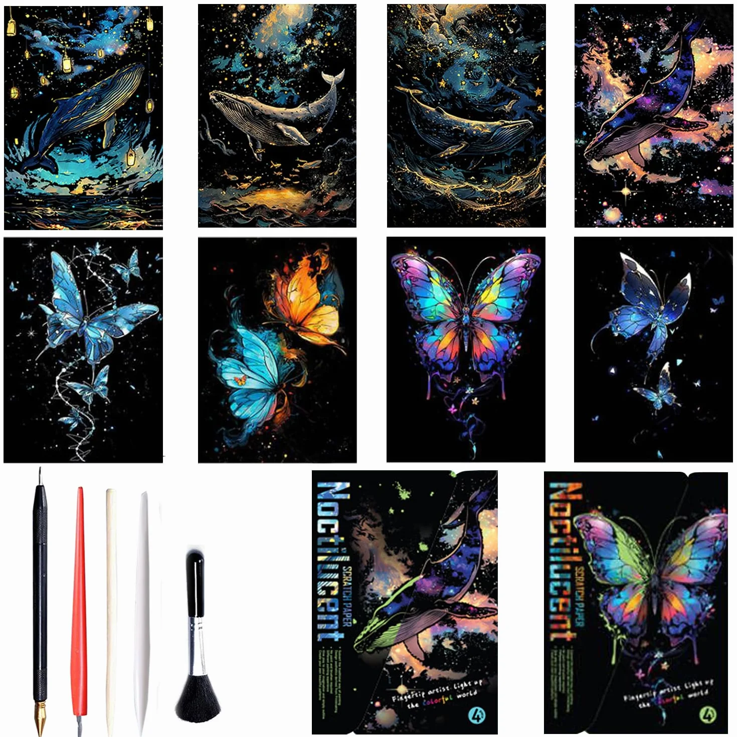 Georgie Porgy Zestaw obrazków do zdrapywania dla dzieci i dorosłych, Magic Rainbow A4, papier do zdrapywania na Boże Narodzenie, urodziny, z zestawem narzędzi do zdrapywania (świecący w nocy motyl +