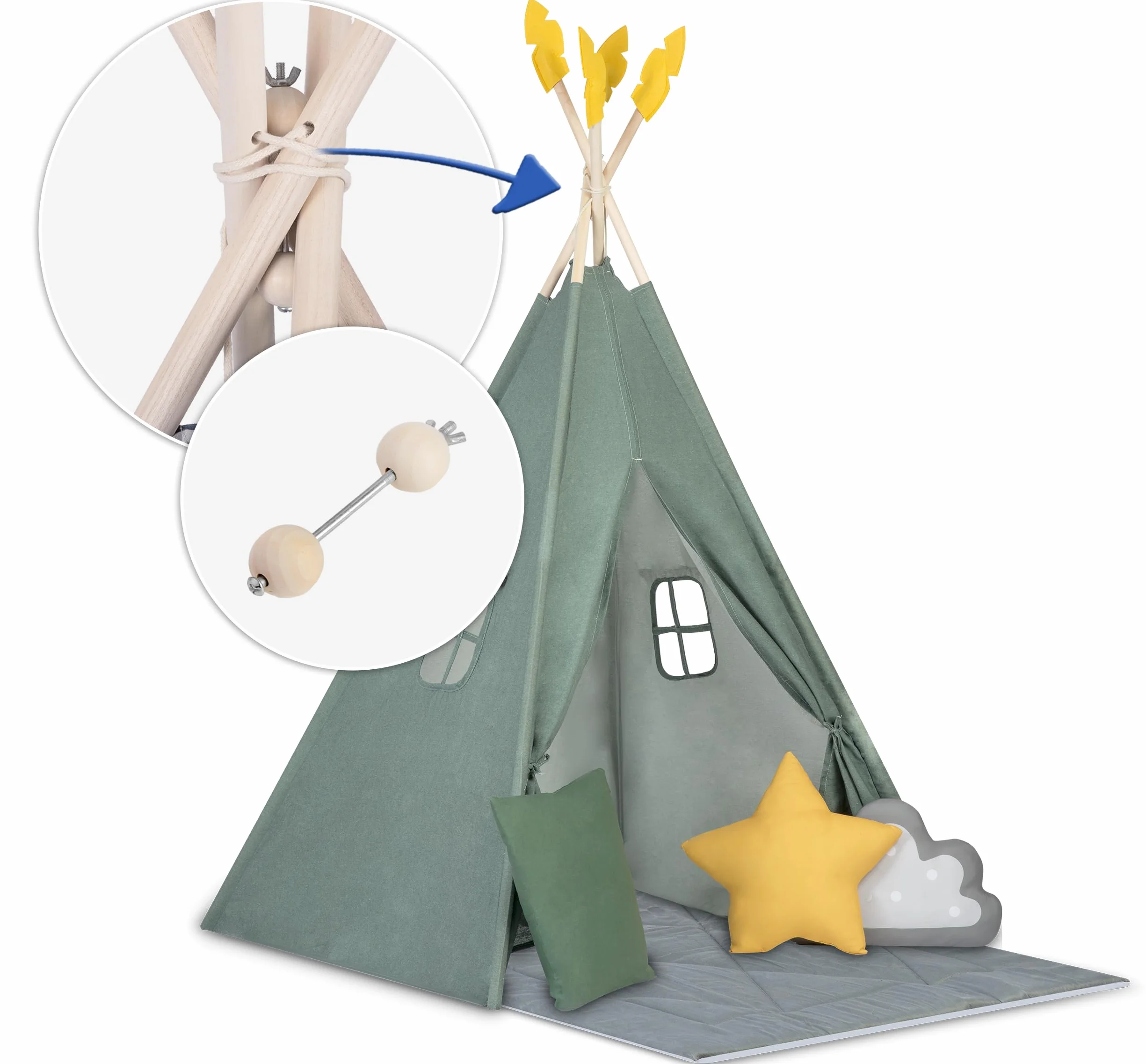 Nukido namiot dla dzieci tipi teepee wigwam z girlandą, poduszkami, dużą matą i stabilizatorem zielony
