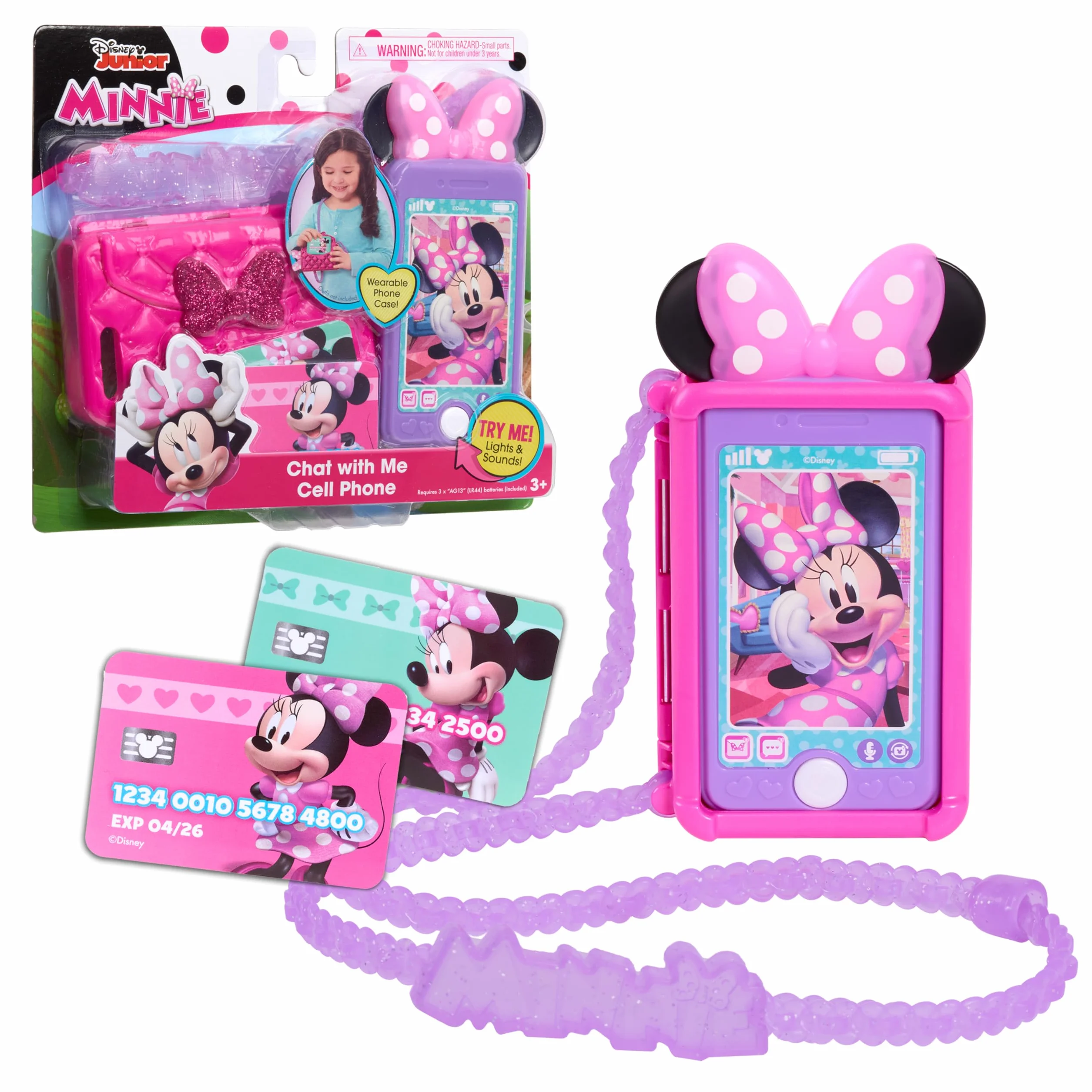 Disney Junior Minnie Mouse Chat with Me Cell Phone Set, Lights and Realistic Sounds, Includes Strap to Wear Like a Purse