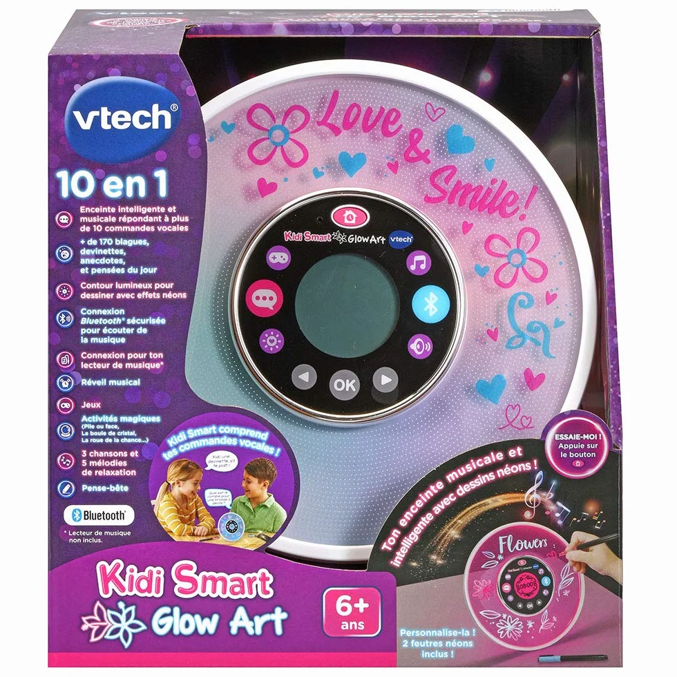 VTech - Kidi Smart Glow Art, podświetlany i inteligentny głośnik Bluetooth do personalizacji za pomocą 2 markerów z efektami neonowymi, magiczna aktywność, budzik, gry, prezent dla dzieci od 6 lat -