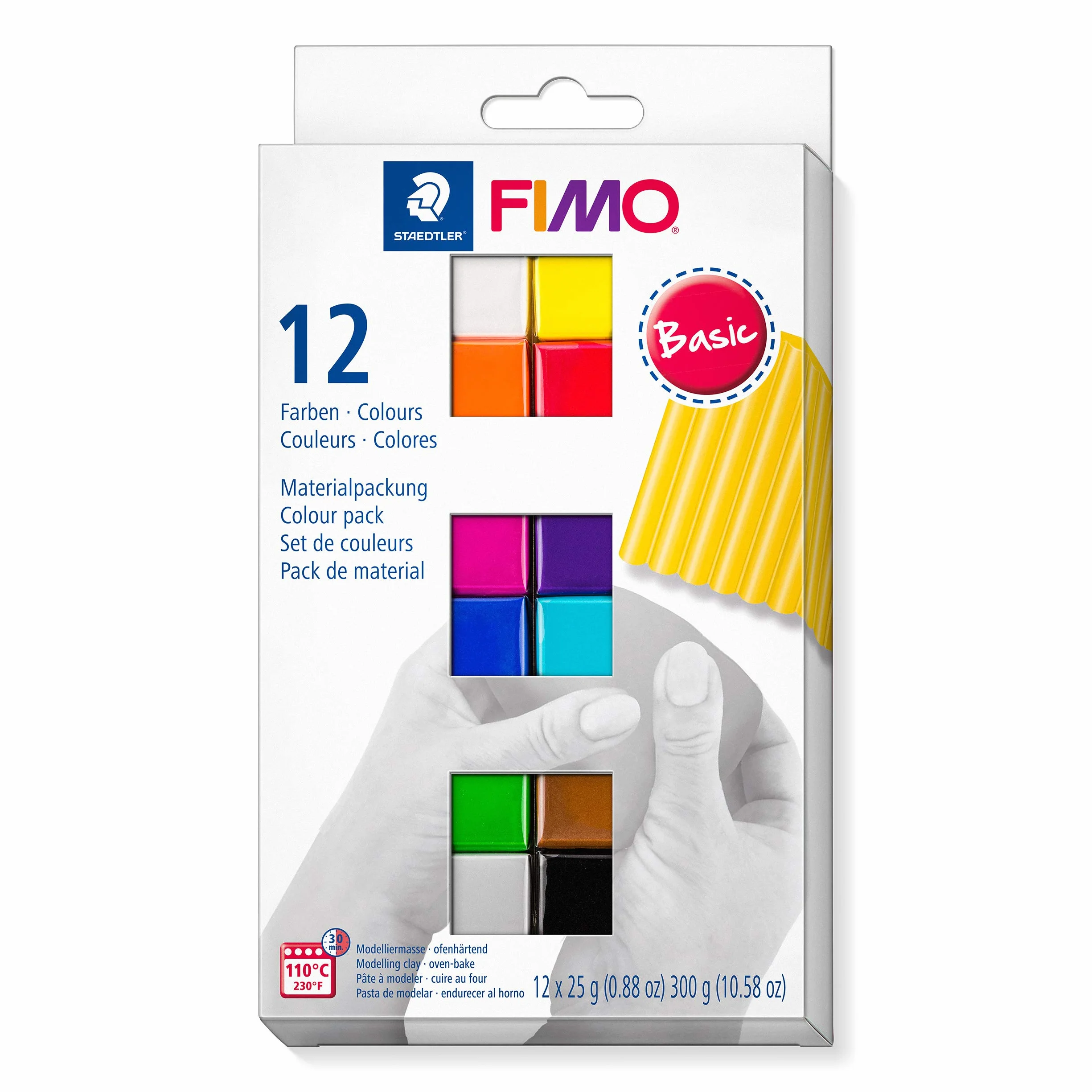 FIMO miękka modelina utwardzana w piekarniku. Pudełko kartonowe z 12 posortowanymi podstawowymi kolorami.